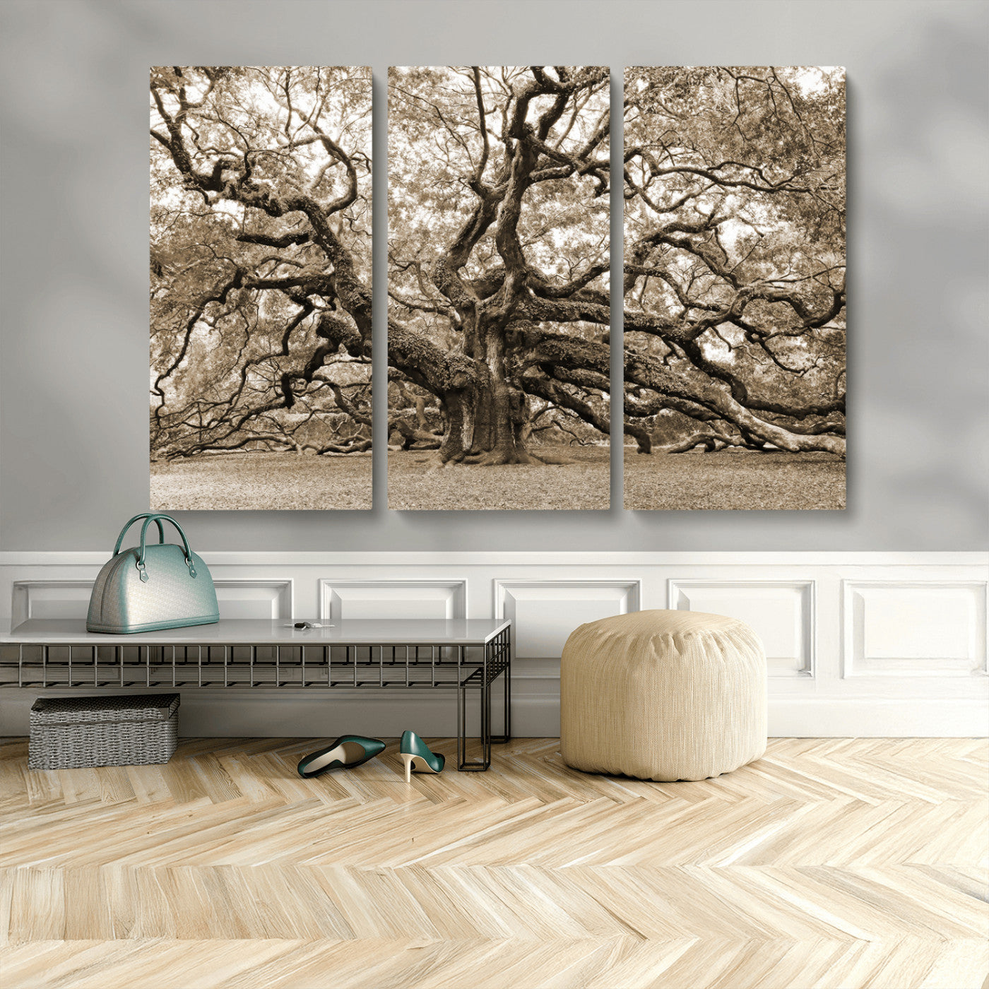 51126-MGV-CV-48X32-3P-Sepia Framed Angel Oak Tree Wall Art - 3-Panel Canvas Prints, Large Green Nature Artwork, Ready to