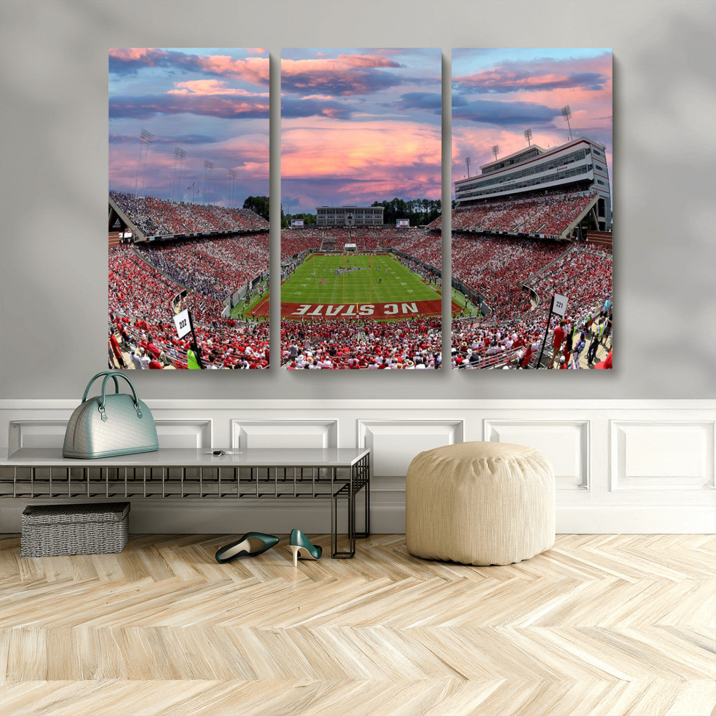 MGV-CV-48X32-3P - Carter-Finley Stadium Art Sunset Game Triple Canvas Wall Art - NC State Wolfpack Football Match