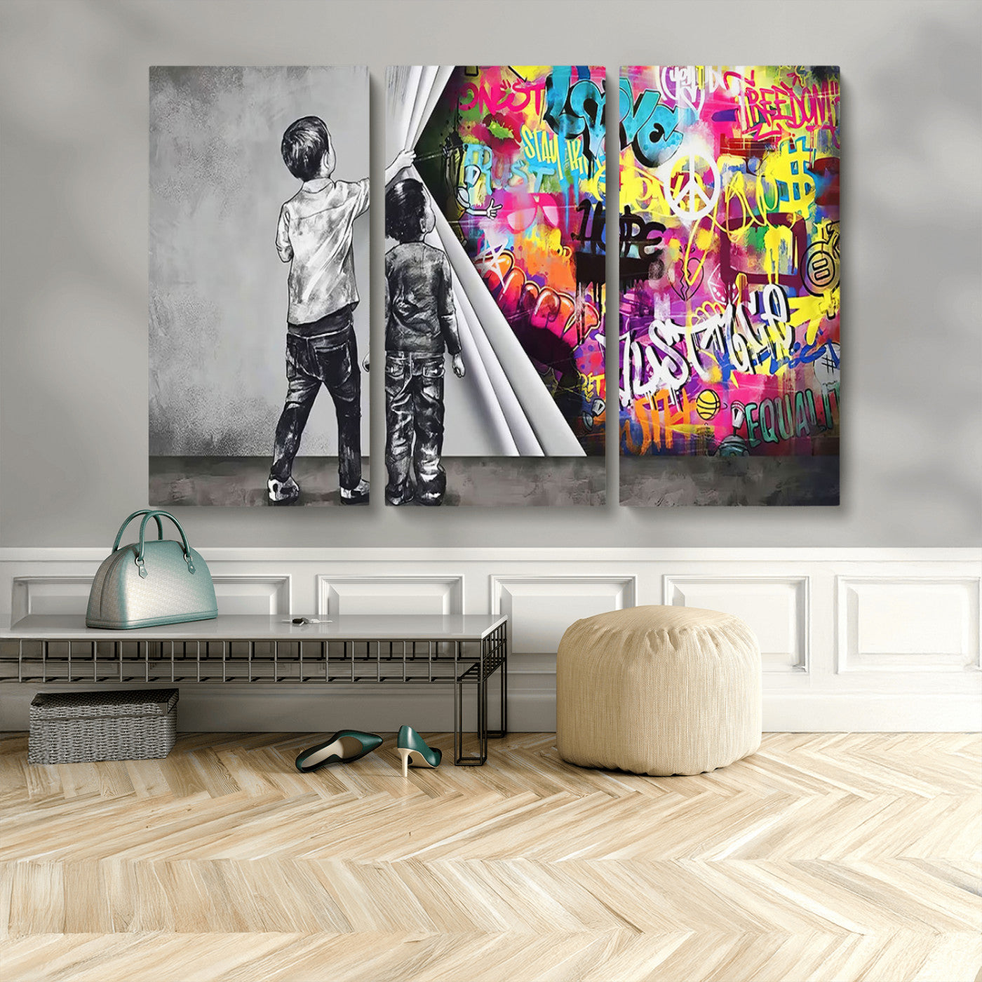 MGV-CV-48X32-3P - Banksy Print - Street Art Canvas Wall Art - Kids Revealing Graffiti, Urban Modern Decor for Living