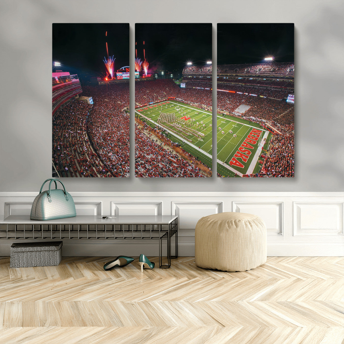 MGV-CV-48X32-3P - University of Nebraska Cornhuskers Football Team Print - Lincoln Memorial Stadium Wall Art Canvas