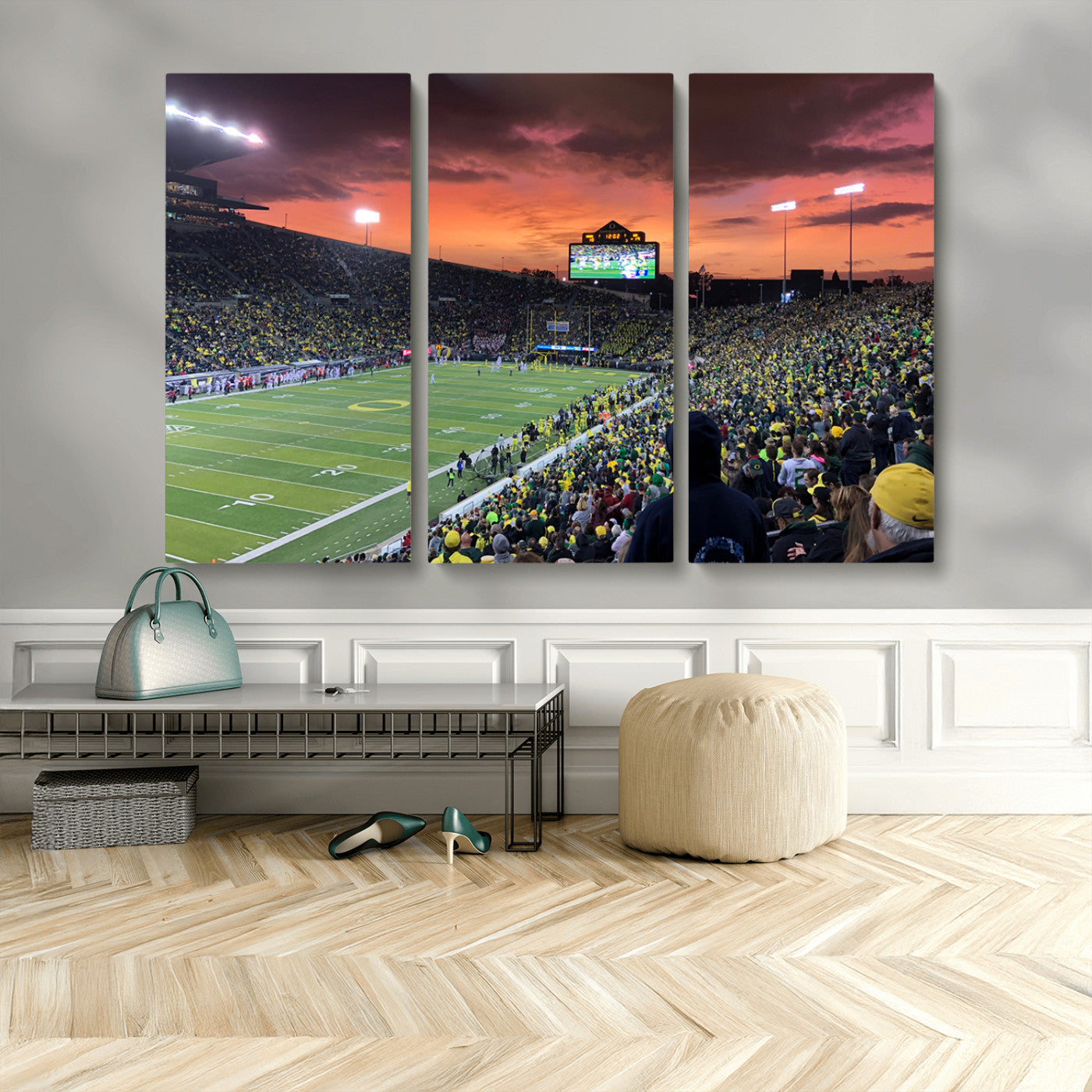 MGV-CV-48X32-3P - Eugene Autzen Stadium Canvas Wall Art Print – Sunset Over Iconic Football Field Wall Decor for Home