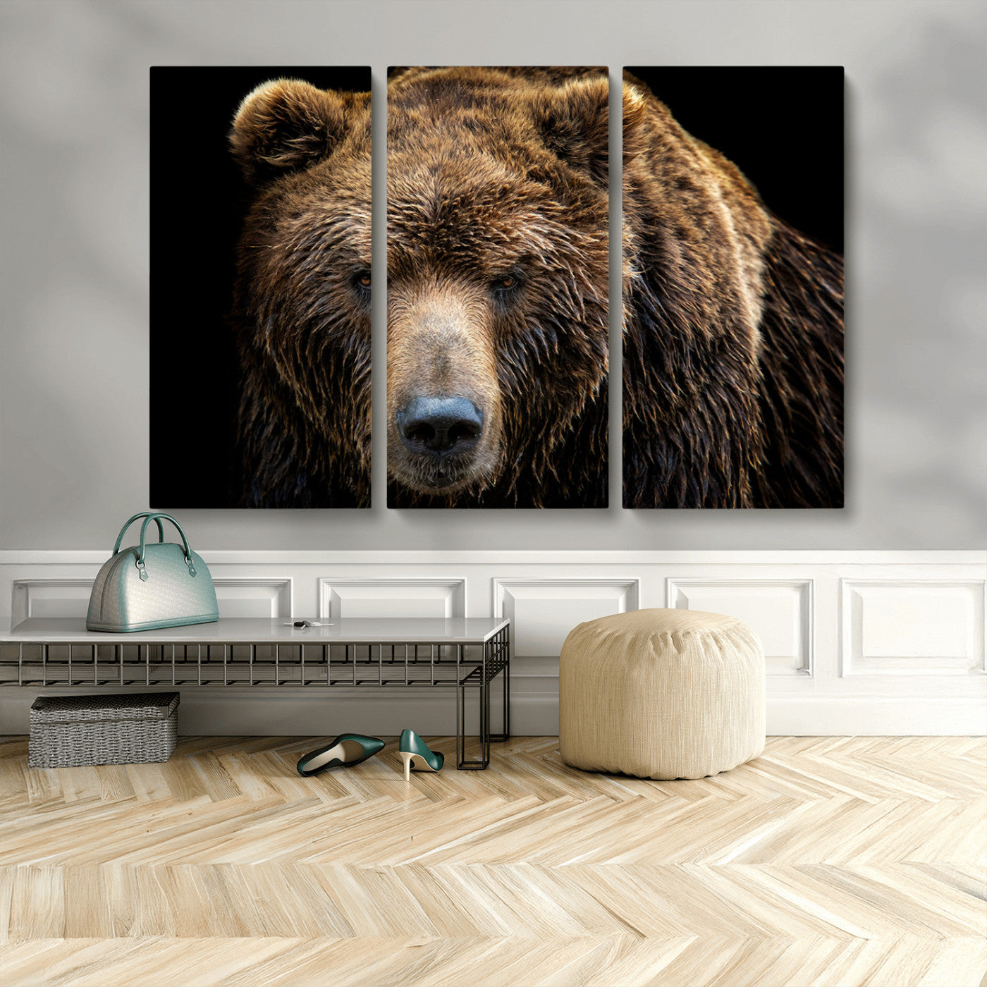 MGV-CV-48X32-3P - Grizzly Brown Bear Canvas Wall Art, Wildlife Animal Canvas Artwork Bear Print, Bear Wall Art Print,