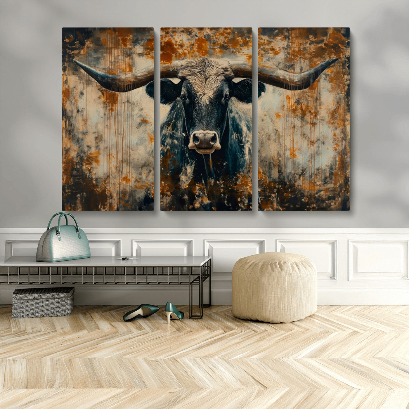 MGV-CV-48X32-3P - Abstract Longhorn Bull Wall Art | Rustic Western Wall Decor | Framed and Ready to Hang | Ideal for