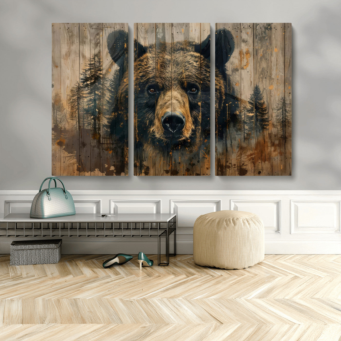 MGV-CV-48X32-3P - Abstract 399 Bear Wall Art | Rustic Cabin Wall Decor with Forest Design | Framed and Ready to Hang |
