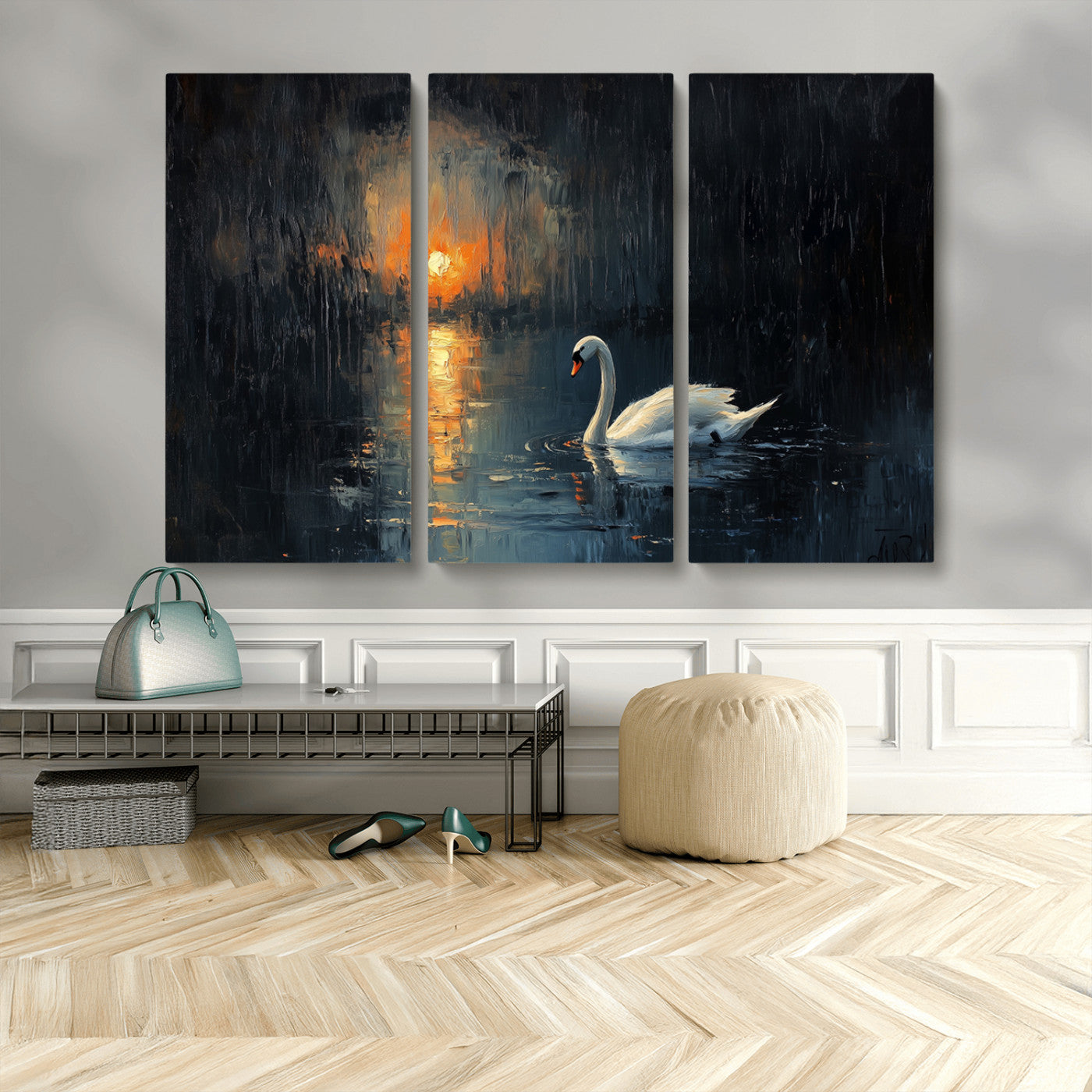MGV-CV-48X32-3P - Abstract Swan on Water Wall Art Canvas Print - Elegant Nature Scene for Modern Home Decor