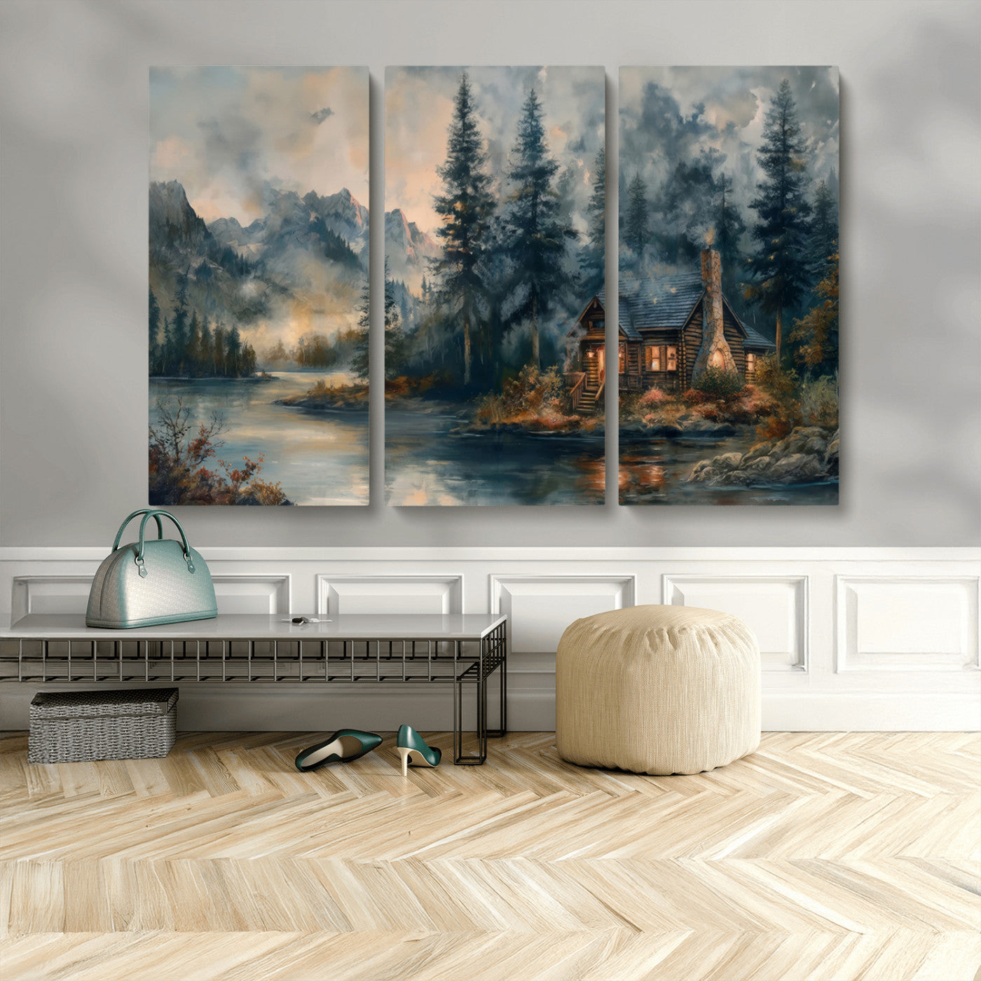 MGV-CV-48X32-3P - Rustic Cabin Woods Wall Art Print | Lake in a Forest Canvas Print | Cabin, Lodge, and Farmhouse