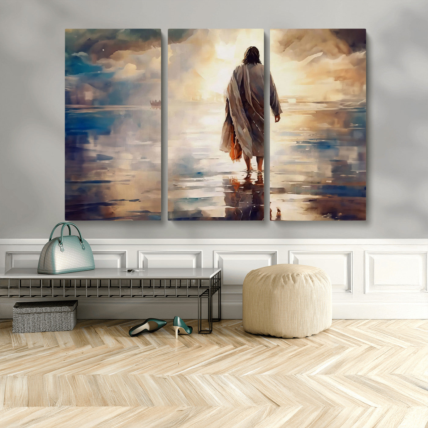 MGV-CV-48X32-3P - Jesus Walking on Water Wall Art | Ready to Hang Spiritual Triptych Canvas Print | Inspirational