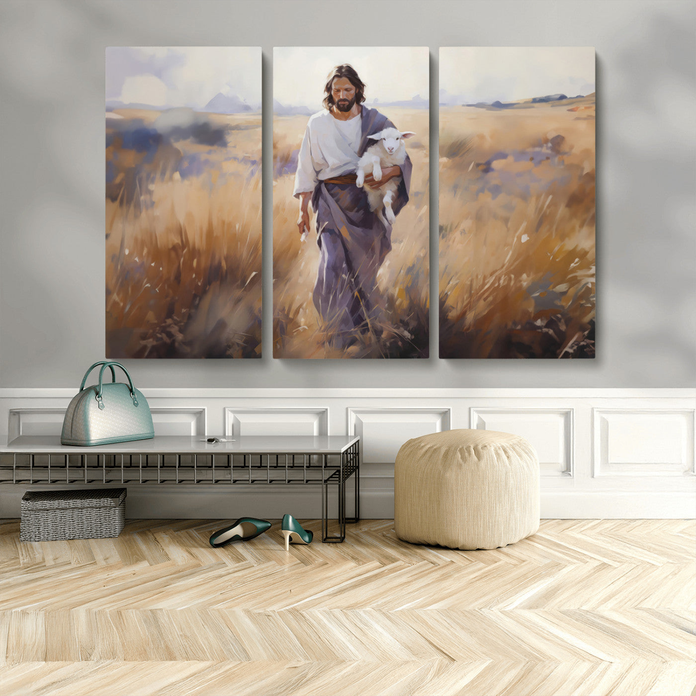 MGV-CV-48X32-3P - Jesus the Good Shepherd Wall Art Canvas Print - Lost Lamb Print for Prayer Room Decor