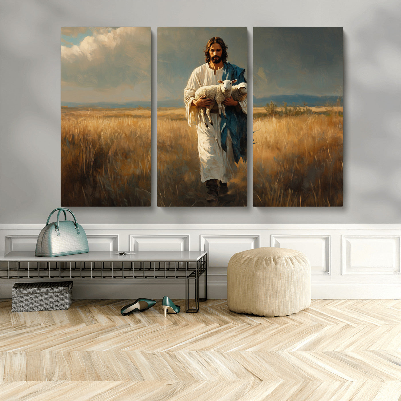 MGV-CV-48X32-3P - Jesus Shepherd Wall Art | Ready to Hang Triptych Canvas of Jesus Holding a Lamb in a Field |