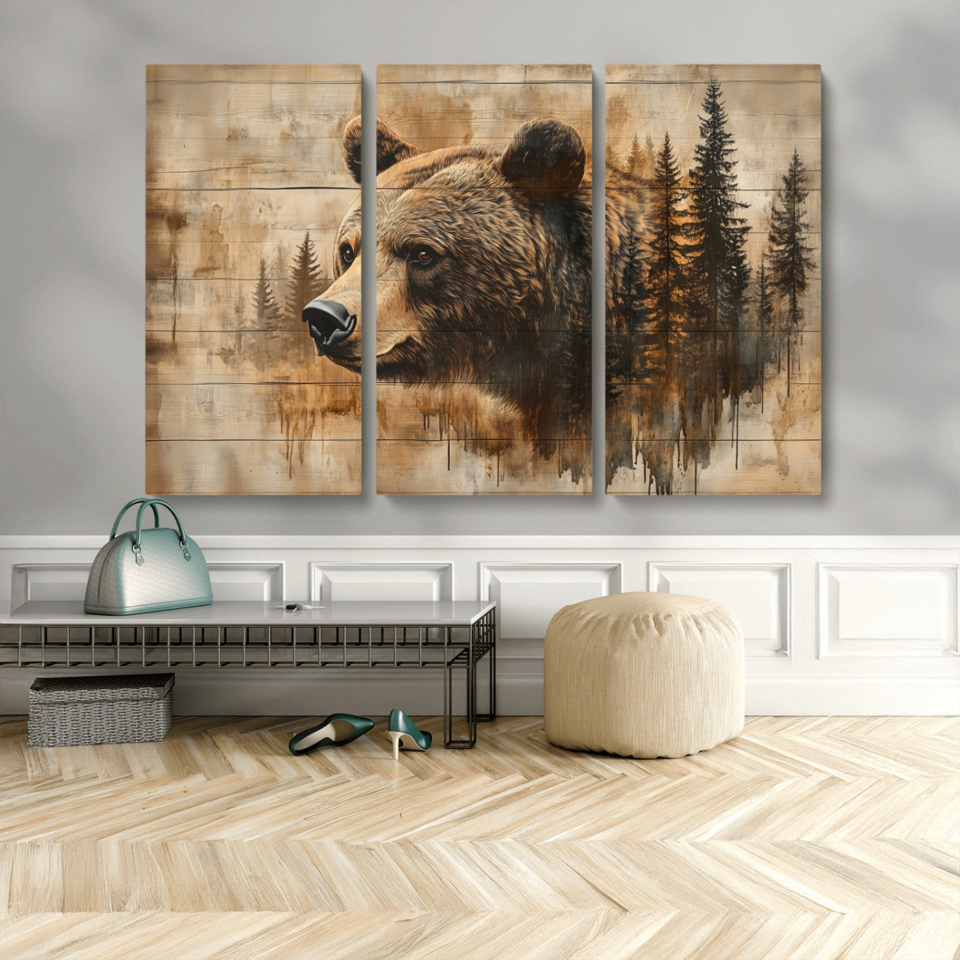MGV-CV-48X32-3P - Rustic Grizzly Bear Wall Art, Abstract Grizzly 399 Bear Wall Art Canvas Print - Woodland Wildlife