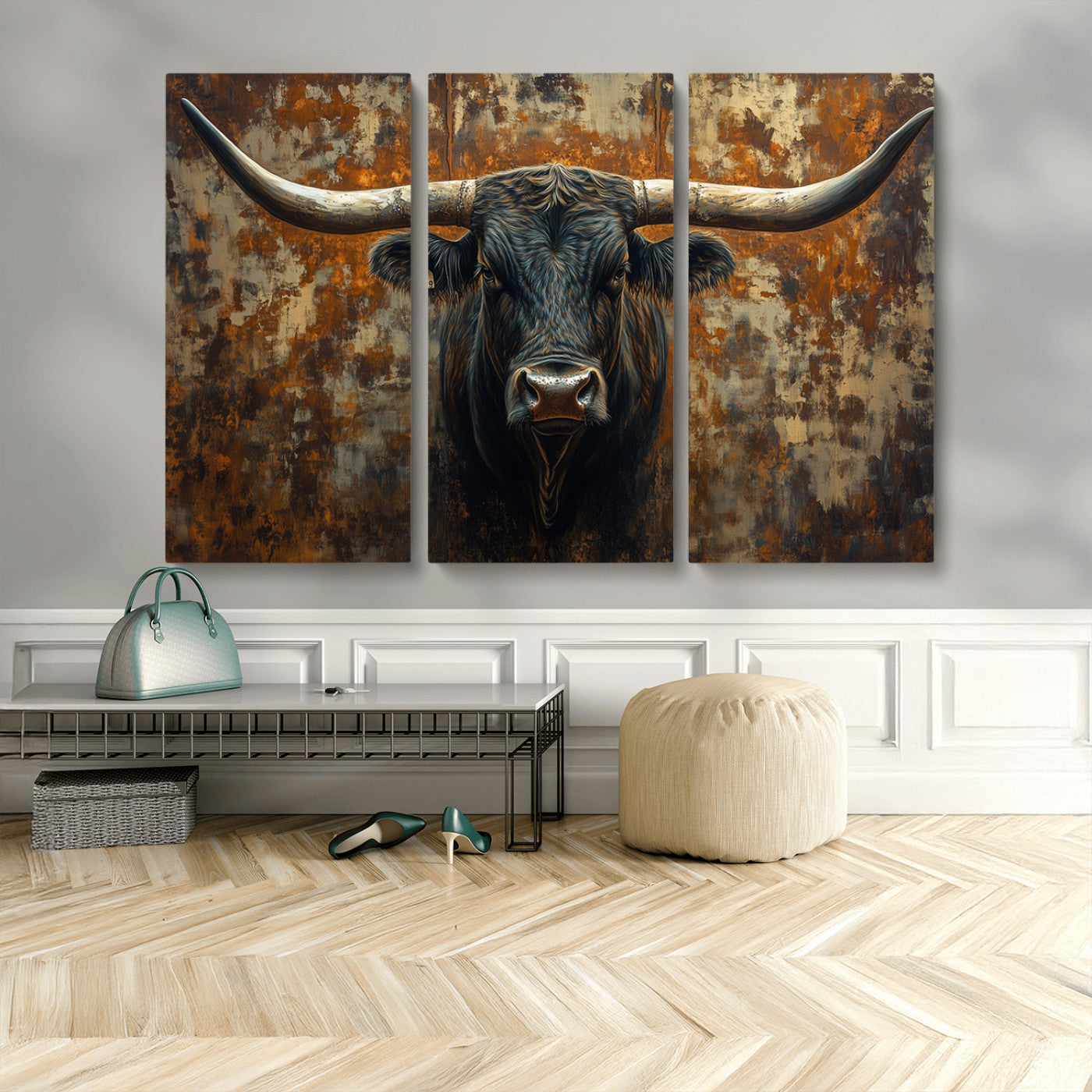 MGV-CV-48X32-3P - Longhorn Texas Cow Bull Wall Art | Rustic Farmhouse Canvas Print | Ready to Hang Barn Decor for