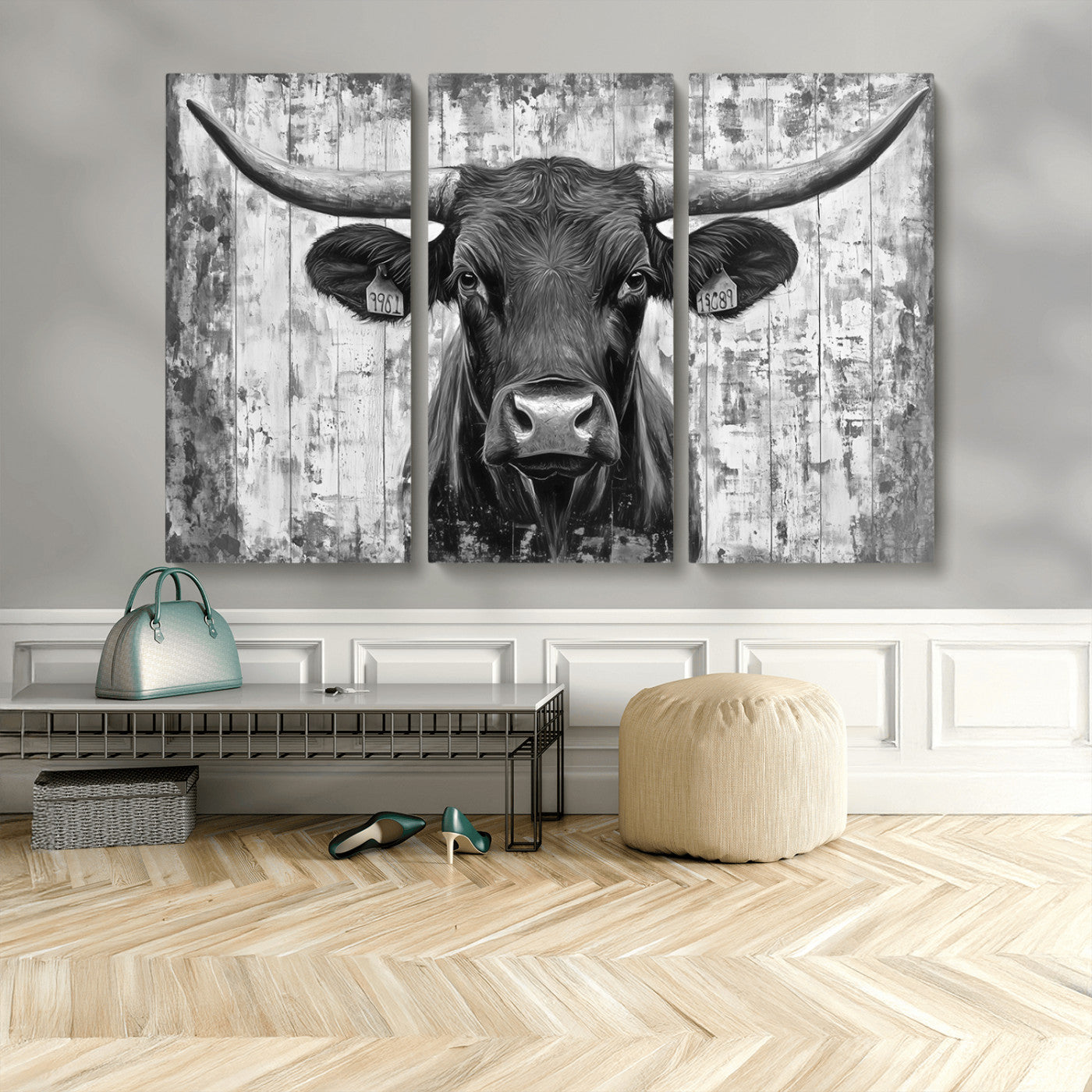 MGV-CV-48X32-3P - Abstract Longhorn Bull Wall Art Canvas Print - Rustic Texas Western Cow Artwork