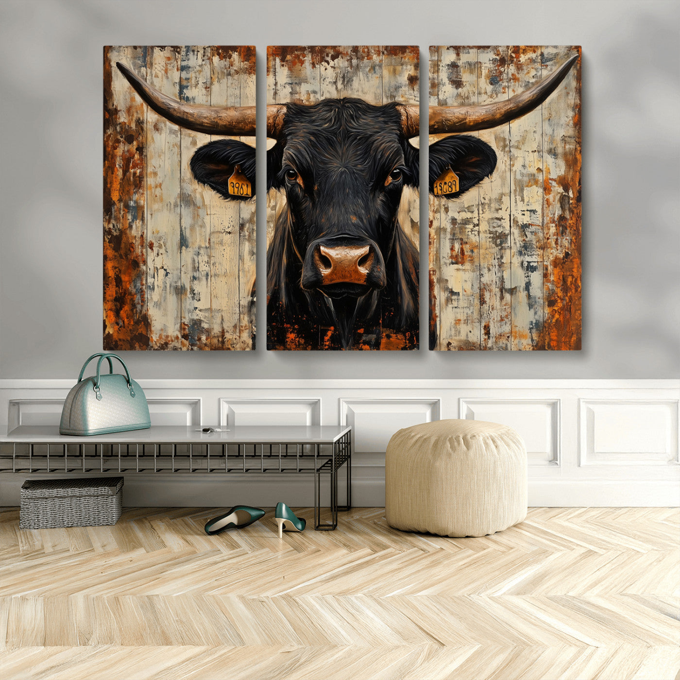MGV-CV-48X32-3P - Rustic Texas Artwork Wall Art Canvas Print - Abstract Cow Longhorn Bull Wall Art Canvas Print