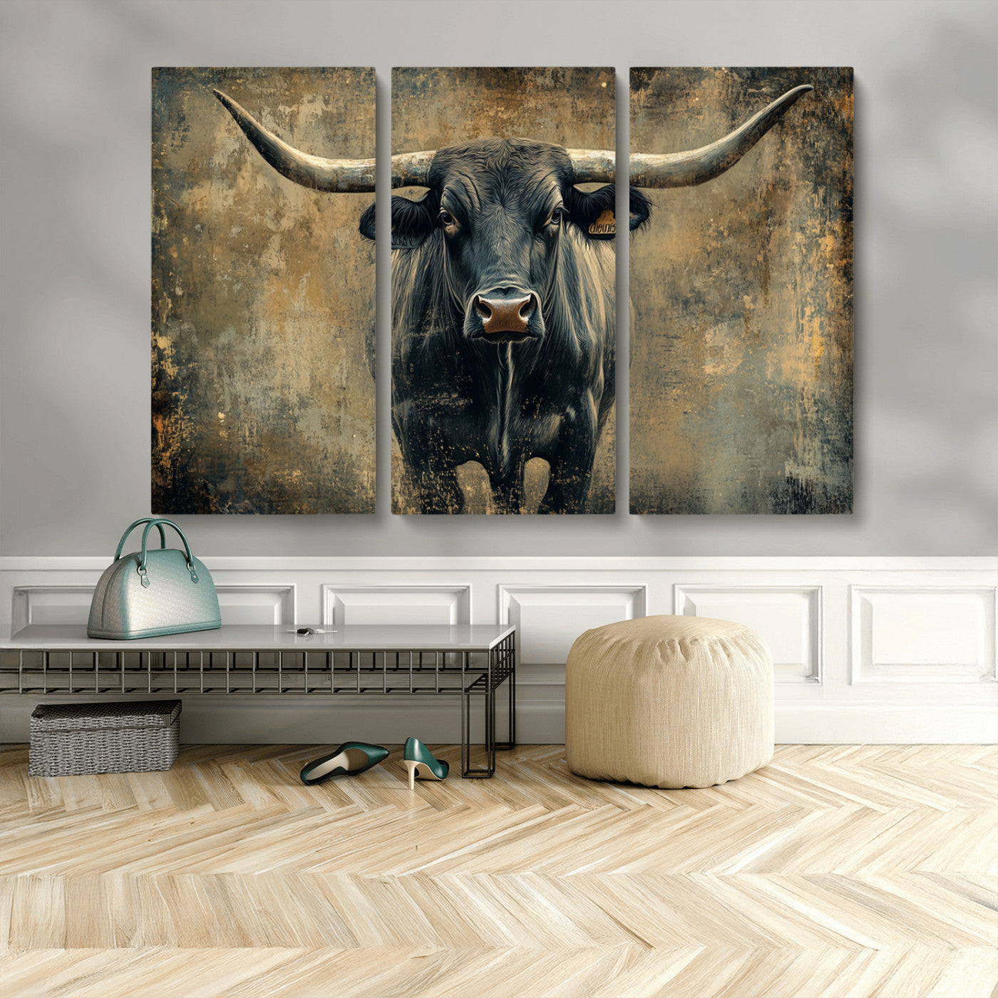 MGV-CV-48X32-3P - Longhorn Bull Wall Art Canvas Print, Framed Rustic Cow Art Picture Print, Texas Longhorn Perfect Western Decor Artwork