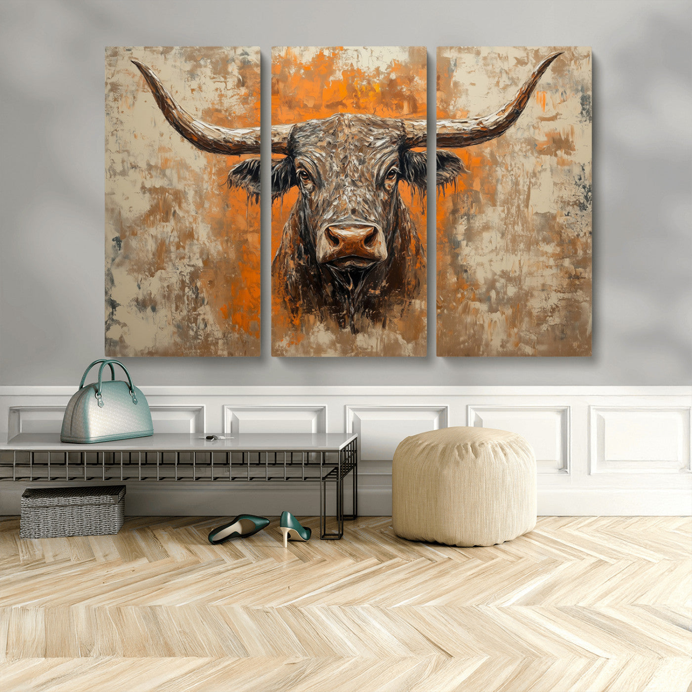 MGV-CV-48X32-3P - Abstract Cow Longhorn Bull Wall Art Canvas Print - Rustic Texas Western Cattle Artwork