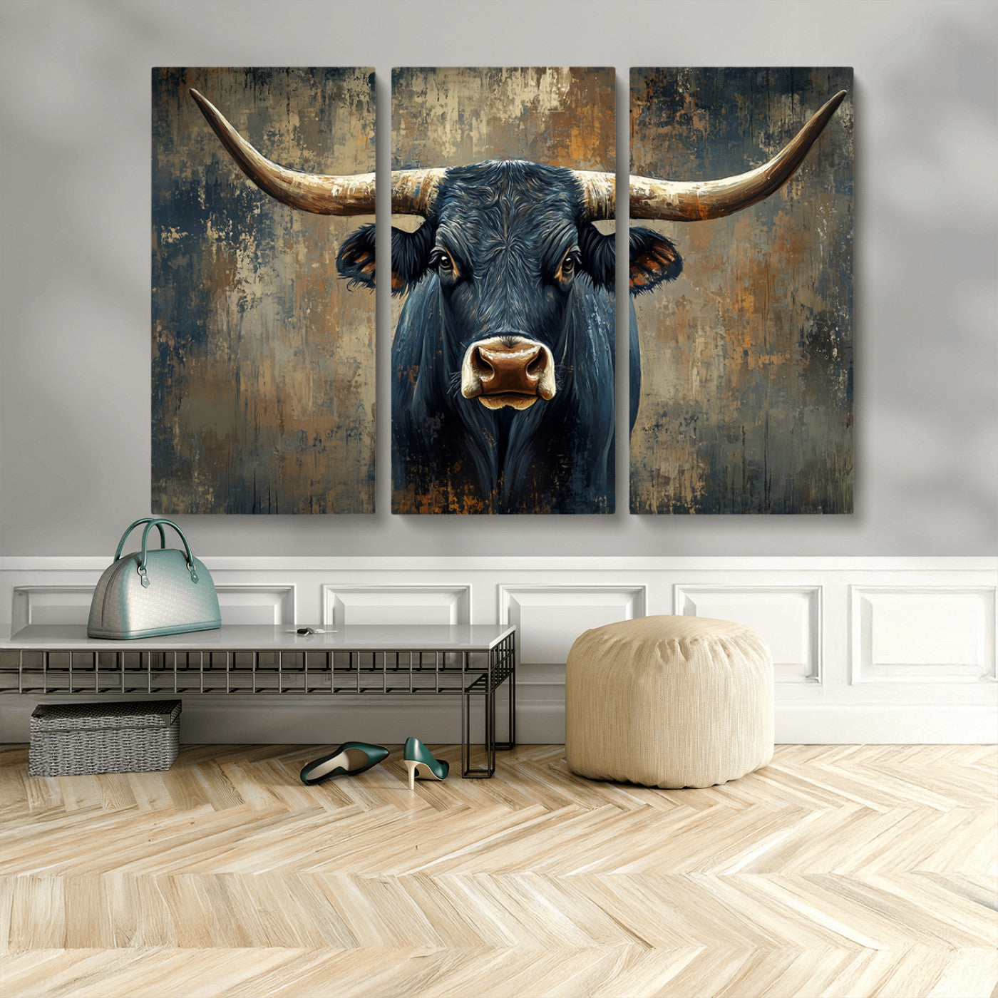 MGV-CV-48X32-3P - Texas Western Wall Art Canvas Print - Abstract Cow Longhorn Bull Wall Art Canvas Print - Rustic Cow