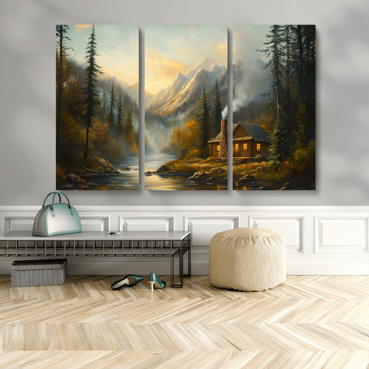 MGV-CV-48X32-3P - Wood Cabin Retreat Mountain at Sunset Wall Art Print - Serene Forest and River Landscape Wall Art