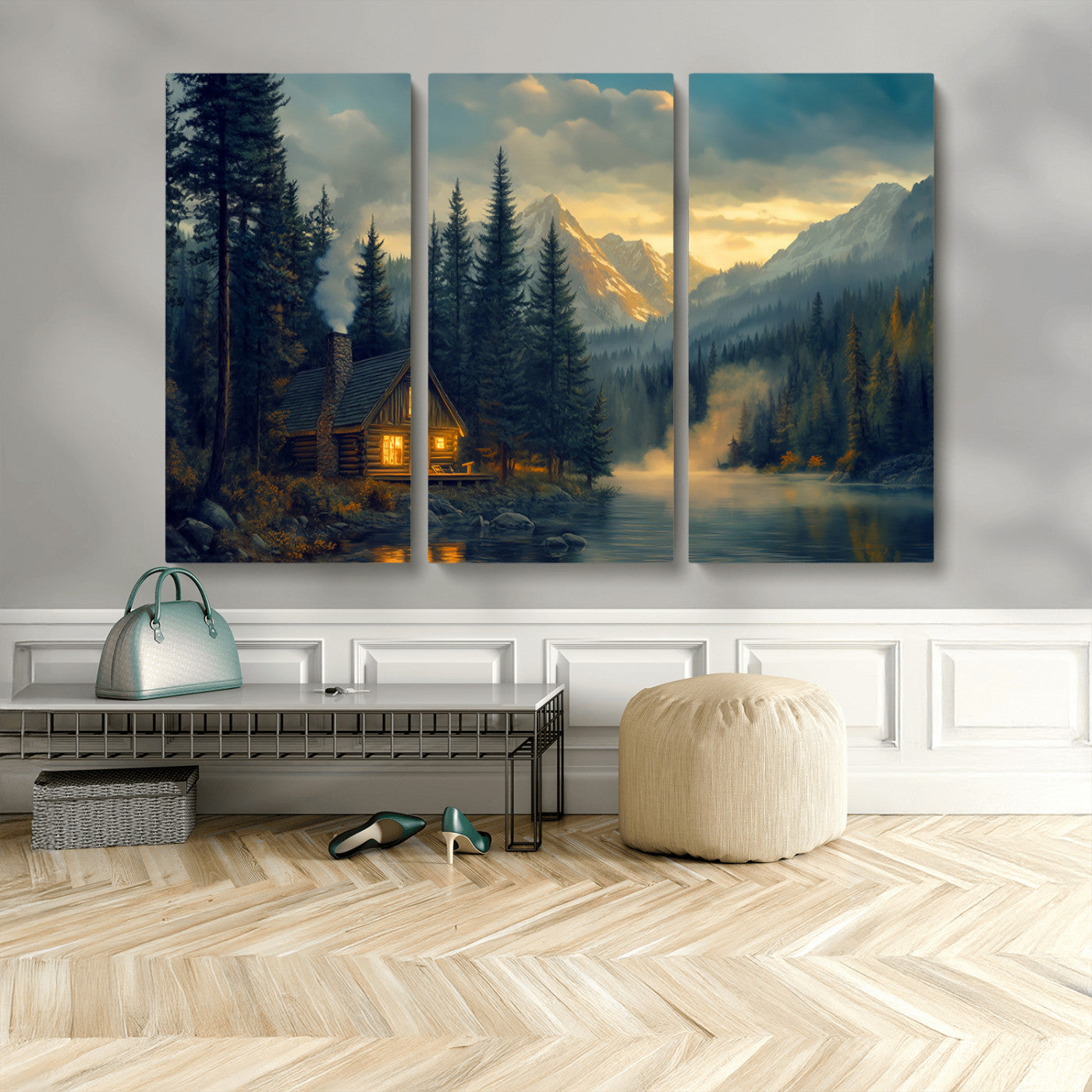 MGV-CV-48X32-3P - Mountain Cabin by the Lake at Sunset Wall Art - Serene Nature Canvas Print for Living Room Decor,