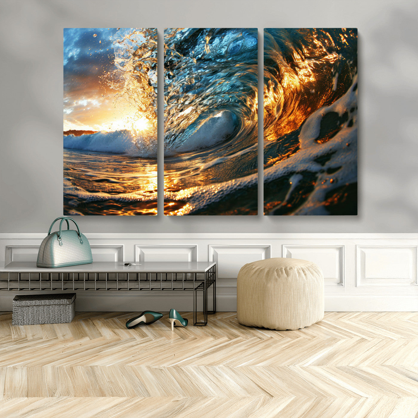 MGV-CV-48X32-3P - Ocean Wave at Sunset Canvas Wall Art – Vibrant Coastal Beach Waves Print, Large Nautical Decor,
