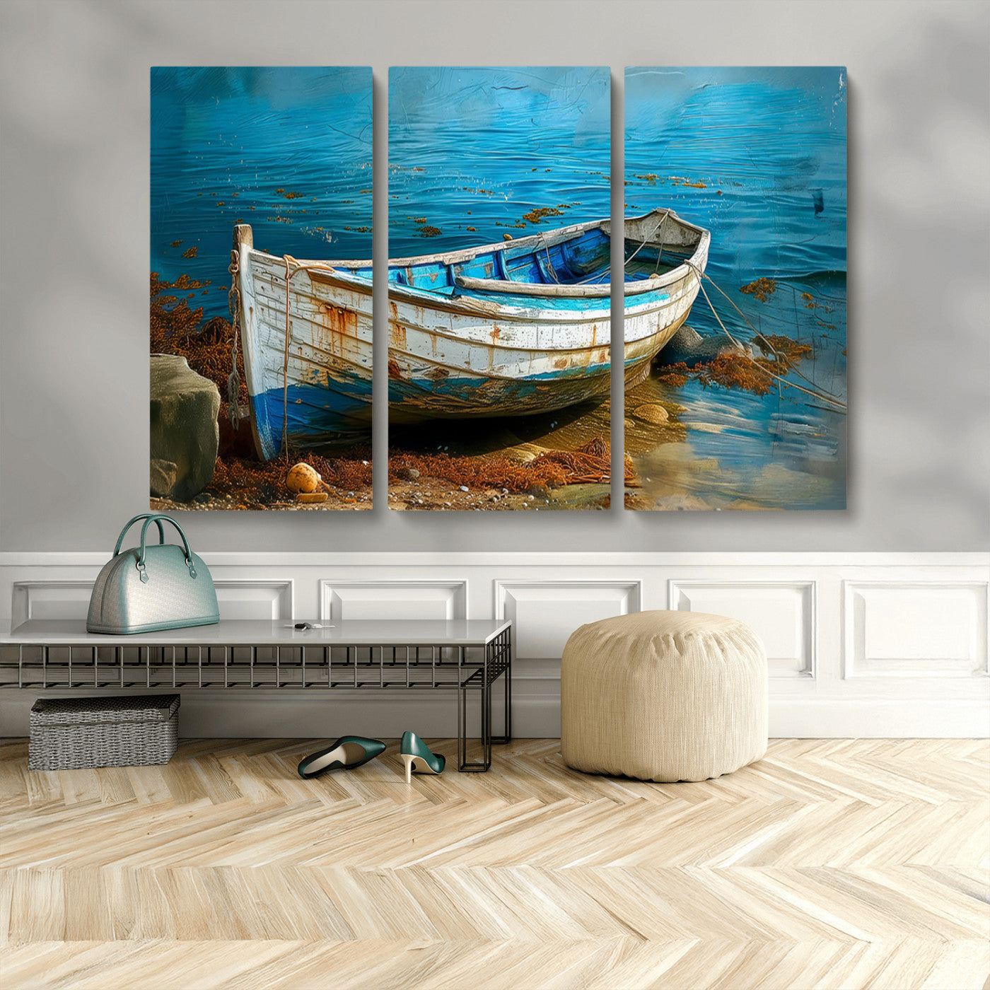 MGV-CV-48X32-3P - Vintage Boat on Tranquil Waters | Coastal Wall Art for Nautical Decor | Rustic Triptych Canvas Print