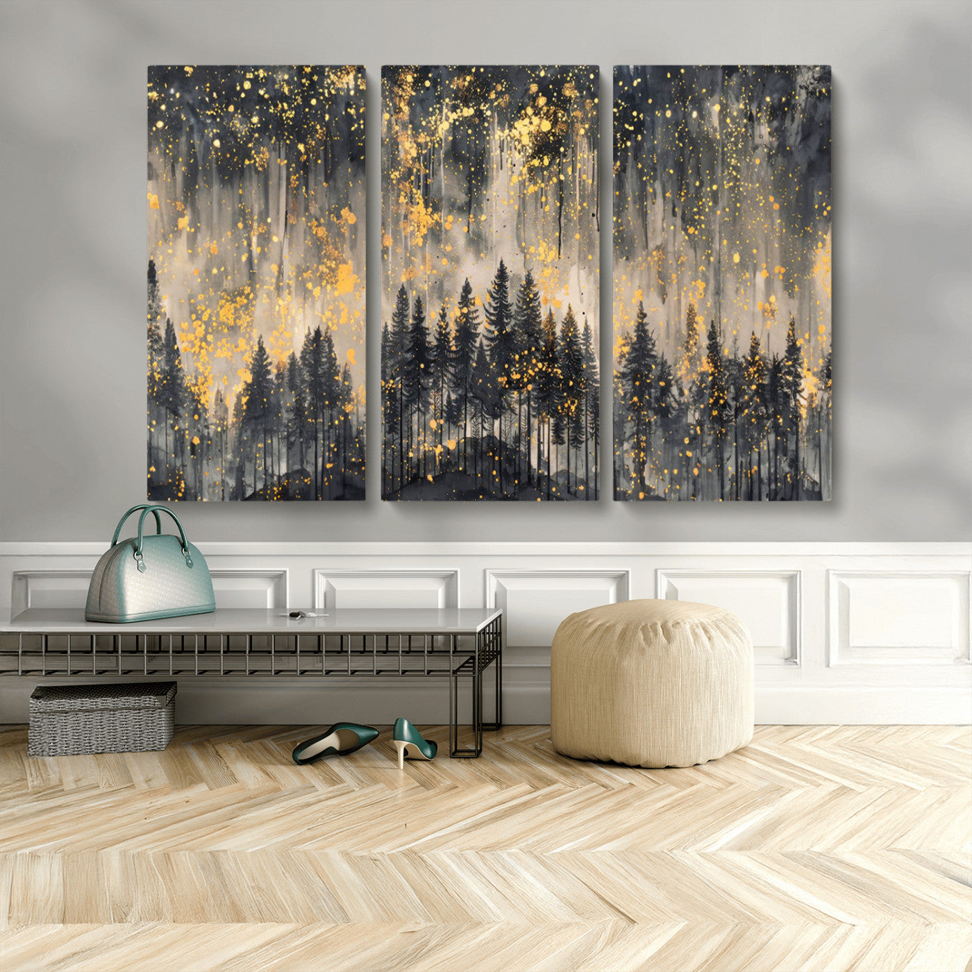 MGV-CV-48X32-3P - Golden Forest Abstract Wall Art | Dark Forest with Gold Splatter Accents | Triptych Ready to Hang