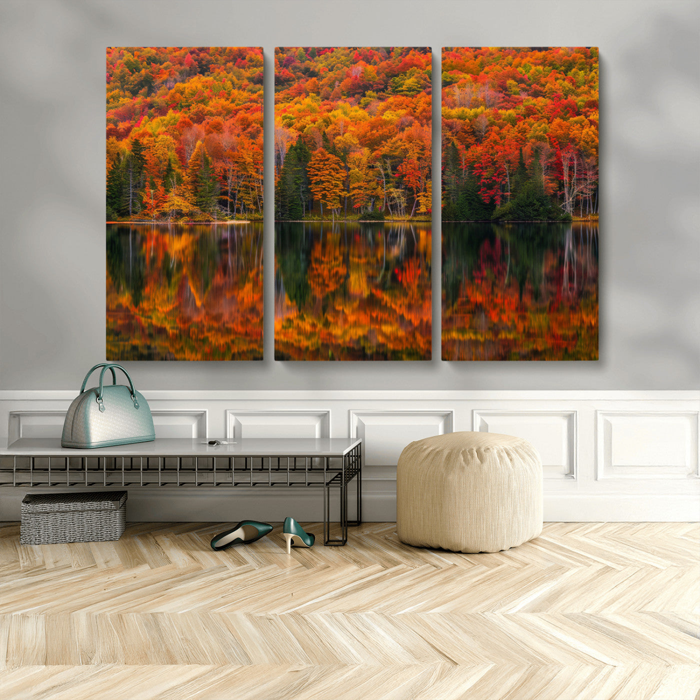 MGV-CV-48X32-3P - Fall Foliage Wall Art - Autumn Reflection Canvas Print, Stunning Fall Foliage Wall Art, Serene Lake