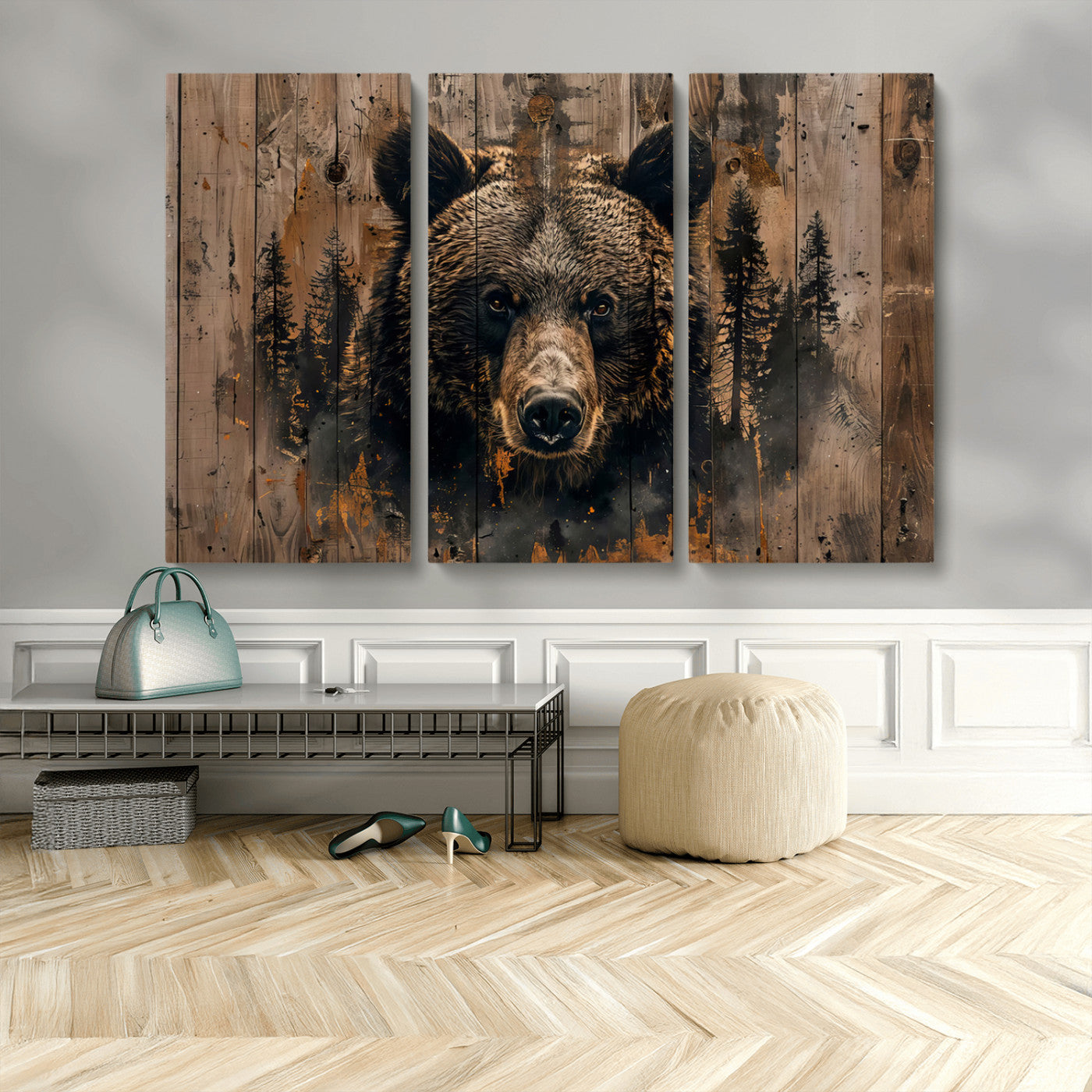 MGV-CV-48X32-3P - Rustic Grizzly 399 Wall Art | Triptych Canvas Print | Rustic Cabin Wall Decor | Perfect for