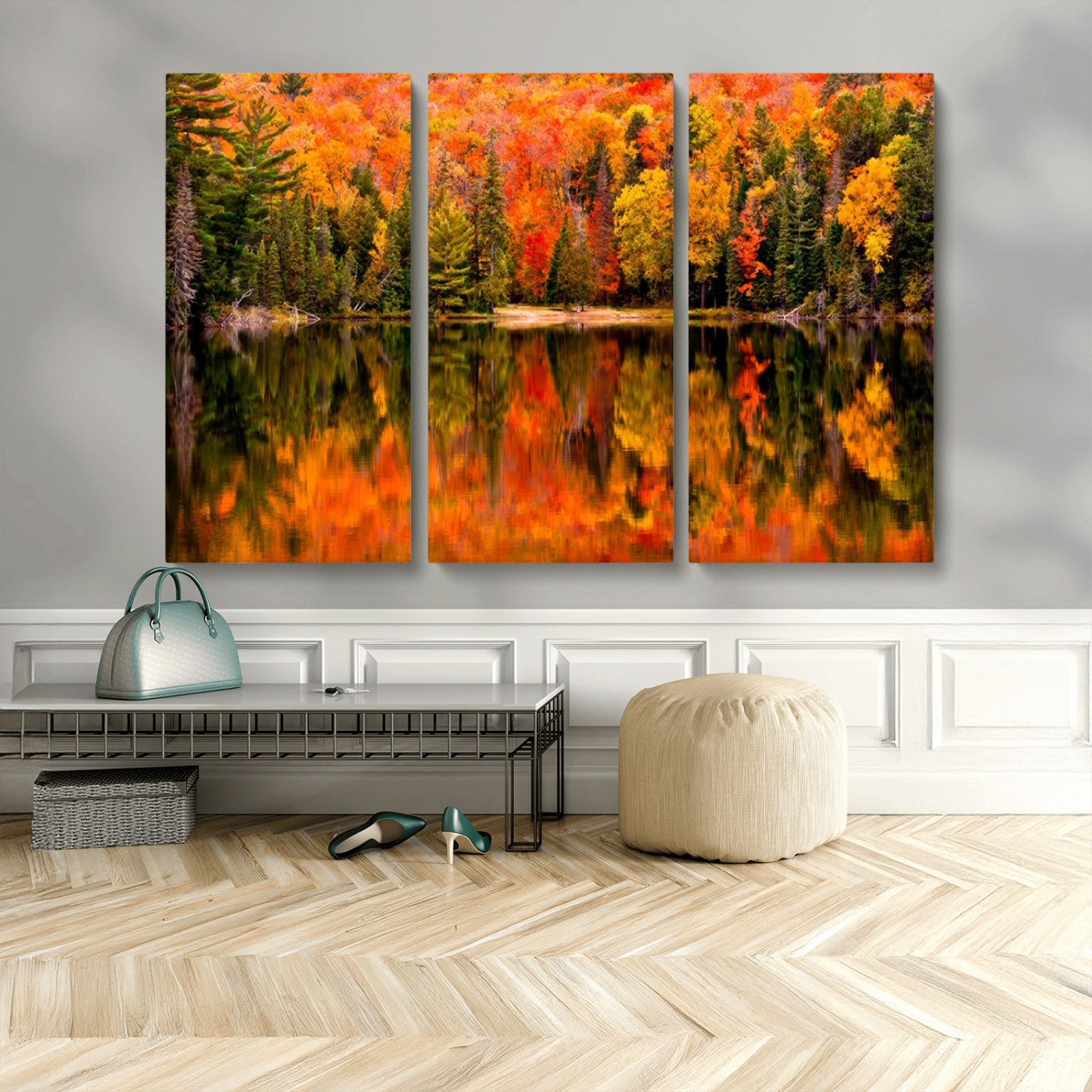 MGV-CV-48X32-3P - Forest Reflection Art | Autumn Forest Reflection Wall Art | Triptych Canvas Print | Vibrant Fall