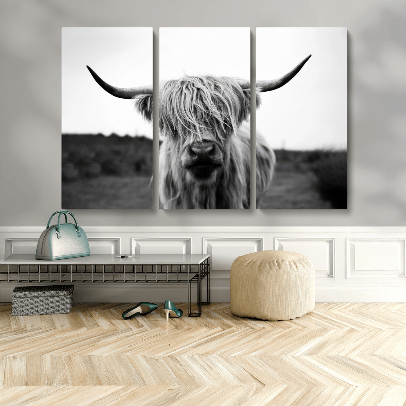 MGV-CV-48X32-3P - Highland Cow Wall Art | Black and White Farmhouse Decor | Triptych Canvas Print | Rustic Barn Decor