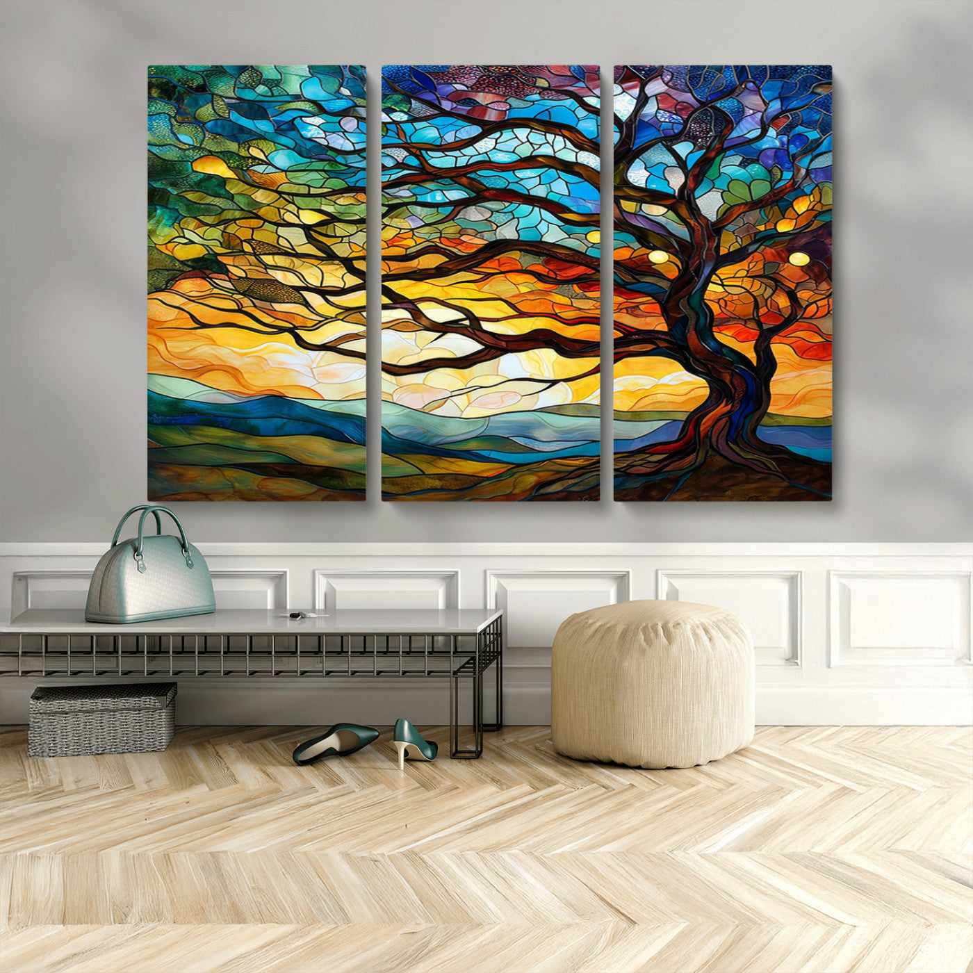 MGV-CV-48X32-3P - Vibrant Mosaic Tree of Life Wall Art | Stained Glass Style Canvas Print | Ready to Hang Artistic