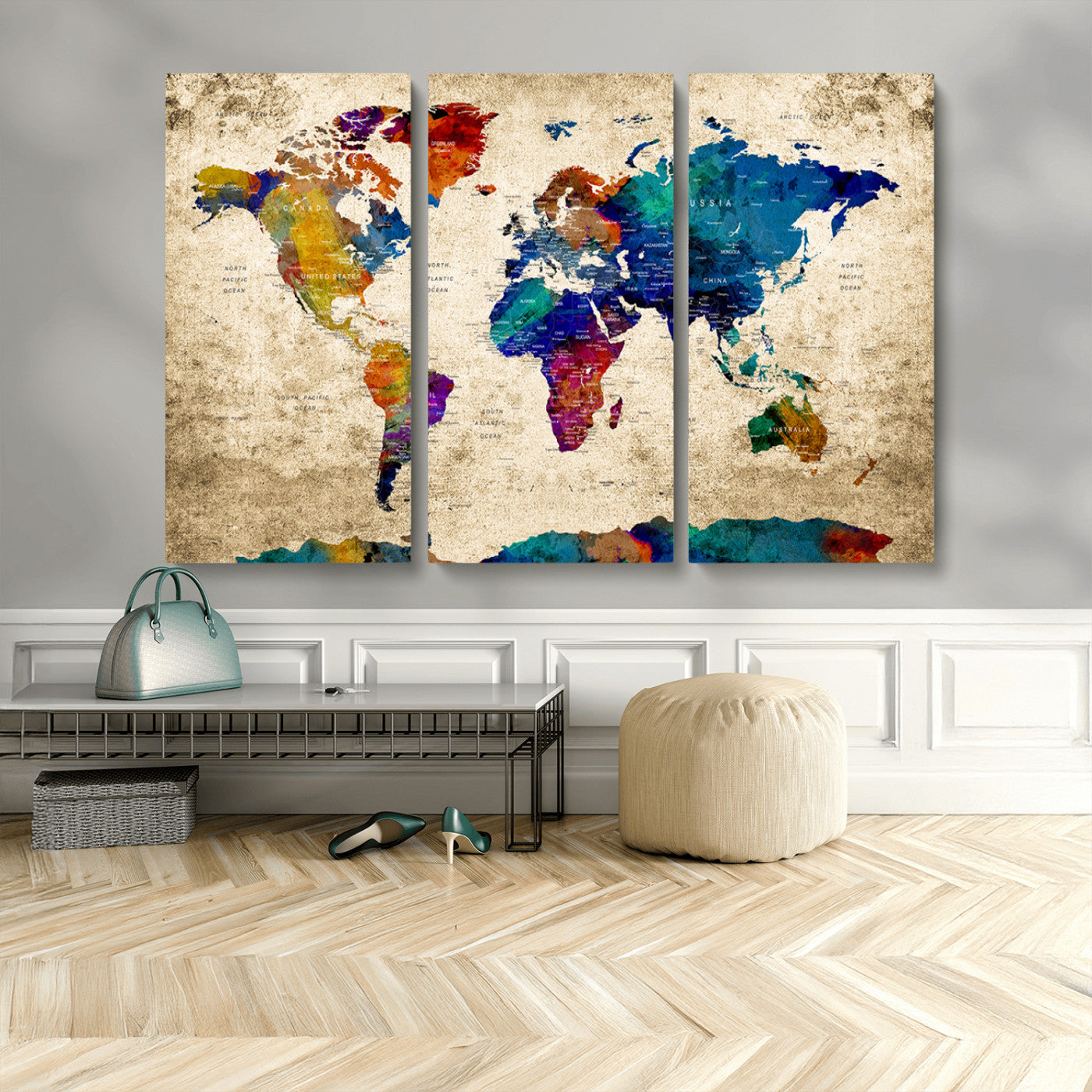 MGV-CV-48X32-3P - Push Pin World Map Canvas Print – Framed Wall Art for Couples to Track Their Travels – Anniversary