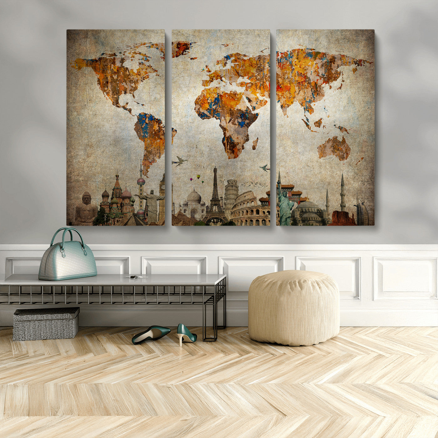 MGV-CV-48X32-3P - Push Pin World Map Canvas Print – Framed Wall Art for Couples to Track Their Travels – Anniversary