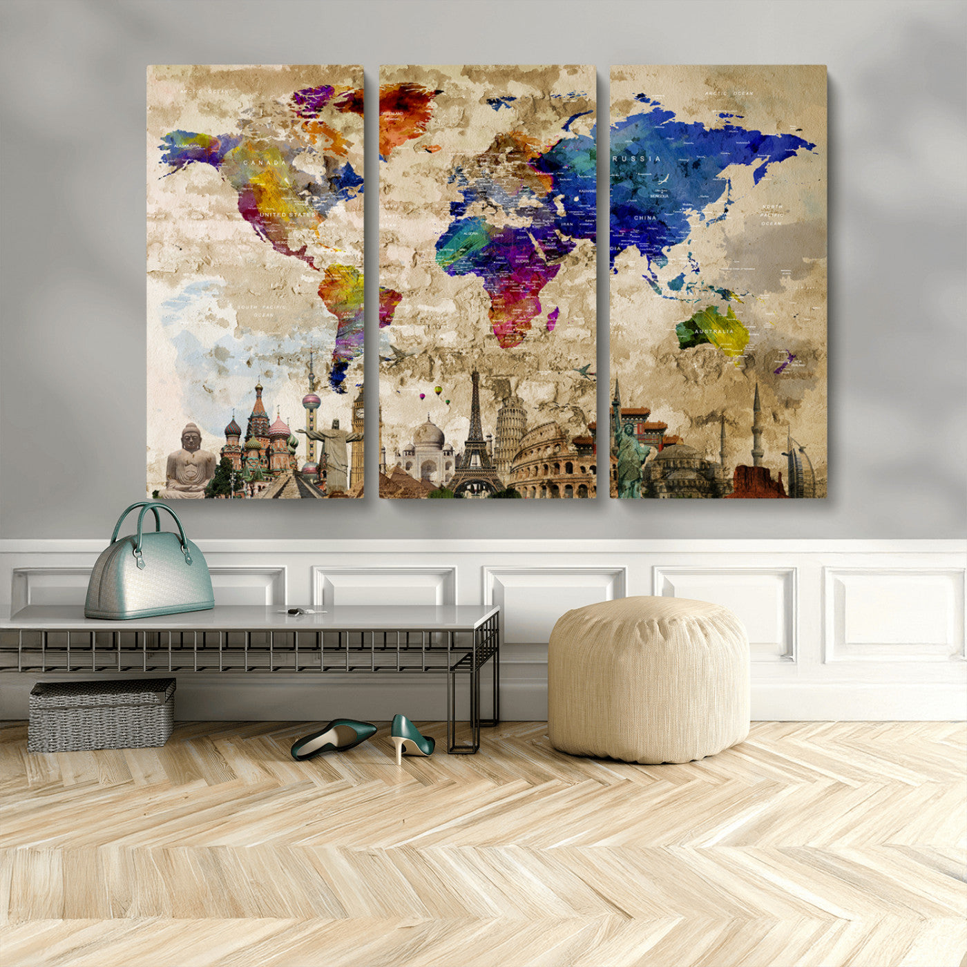 MGV-CV-48X32-3P - Push Pin World Map Canvas Print – Framed Wall Art for Couples to Track Their Travels – Anniversary