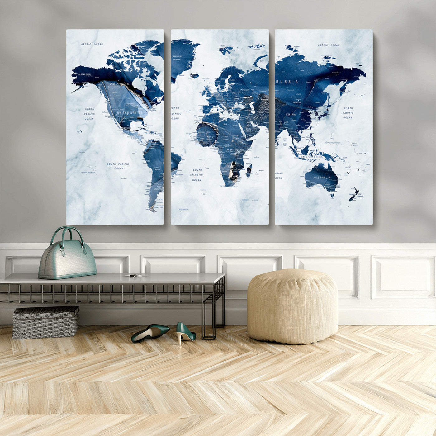MGV-CV-48X32-3P - World Map Canvas Print – Framed Wall Art Home Adventure Decor