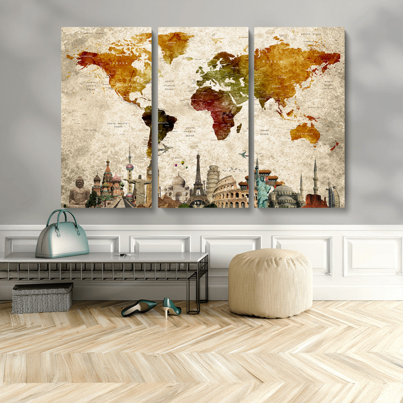 MGV-CV-48X32-3P - Push Pin World Map Canvas Print – Framed Wall Art for Couples to Track Their Travels – Anniversary