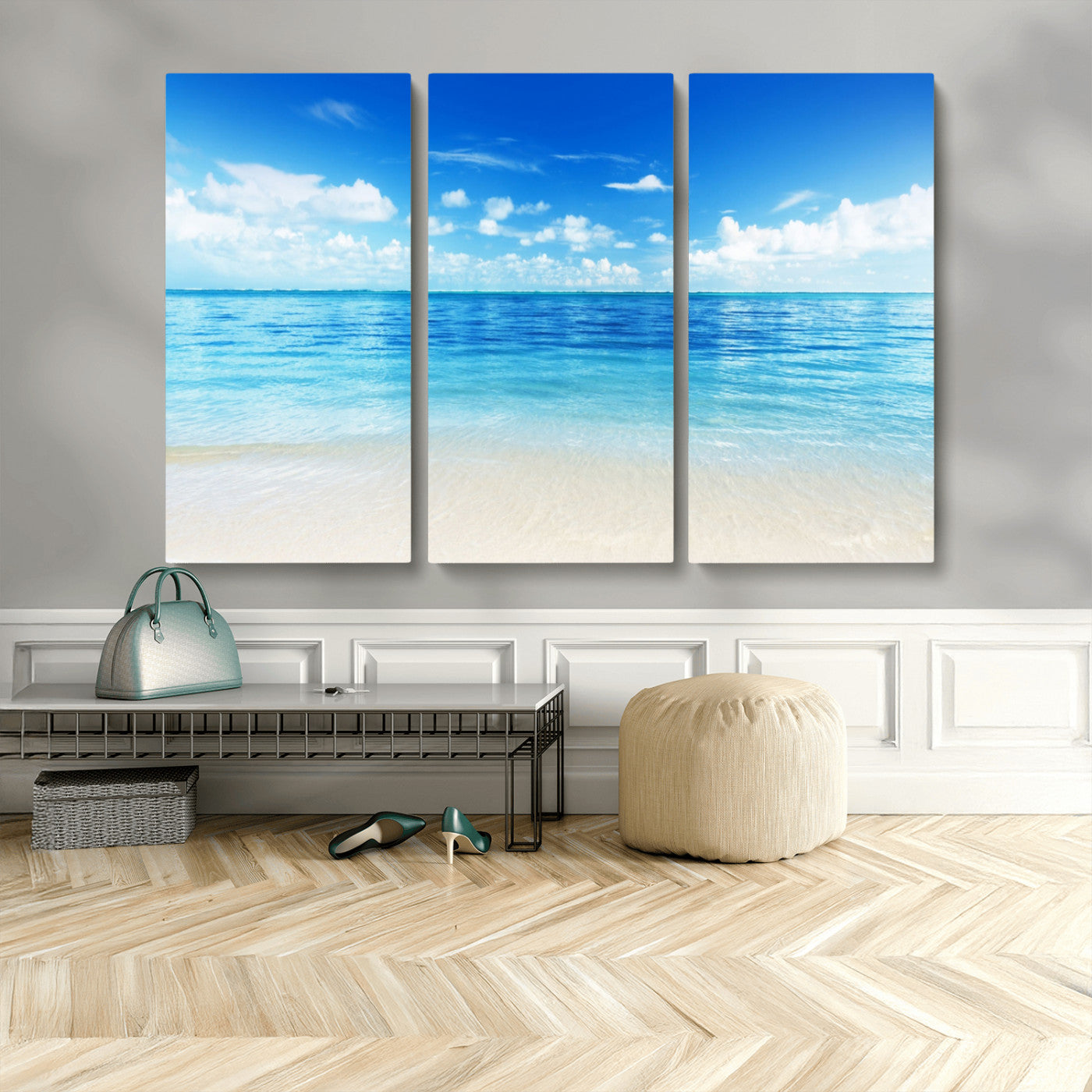 MGV-CV-48X32-3P - Beach Scene Canvas Wall Art Print – Tranquil Ocean Horizon and White Sand Beach Wall Decor for Home
