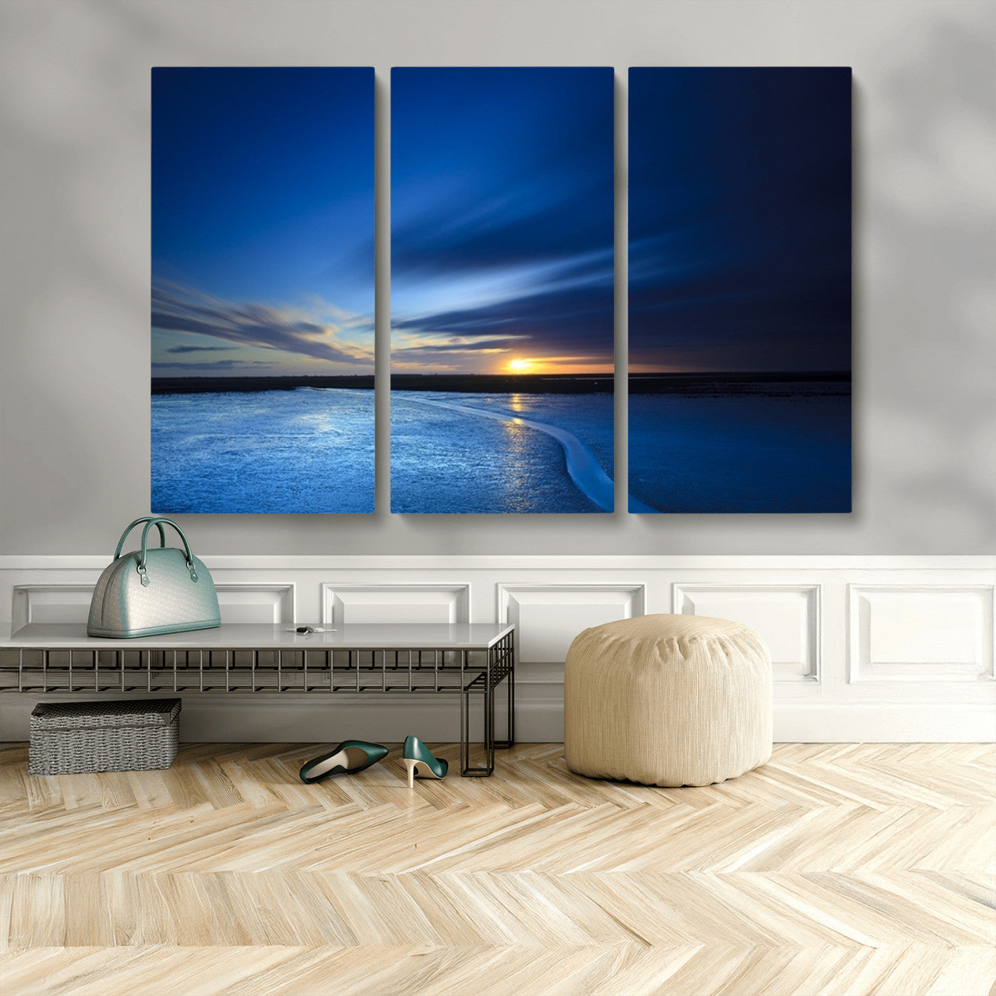 MGV-CV-48X32-3P - Blue Sunset Ocean Canvas Wall Art Print – Serene Coastal Horizon Wall Decor for Home or Office –