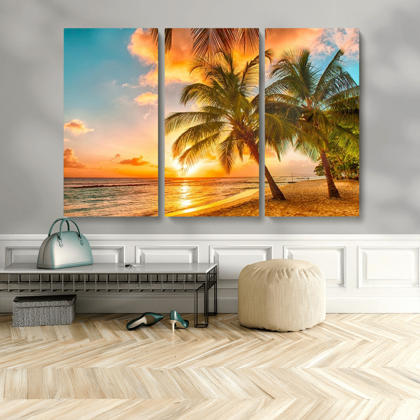 MGV-CV-48X32-3P - Tropical Sunset Beach Canvas Wall Art Print – Vibrant Palm Trees and Coastal Sunset Wall Decor for