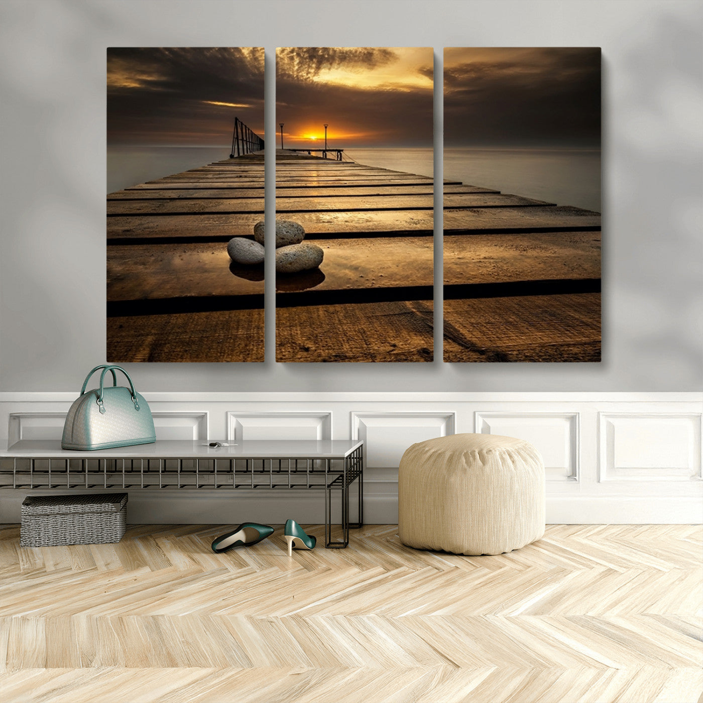 MGV-CV-48X32-3P - Stones on Wooden Pier at Sunset Canvas Print, Serene Coastal Wall Art, Beach Sunset Photography,
