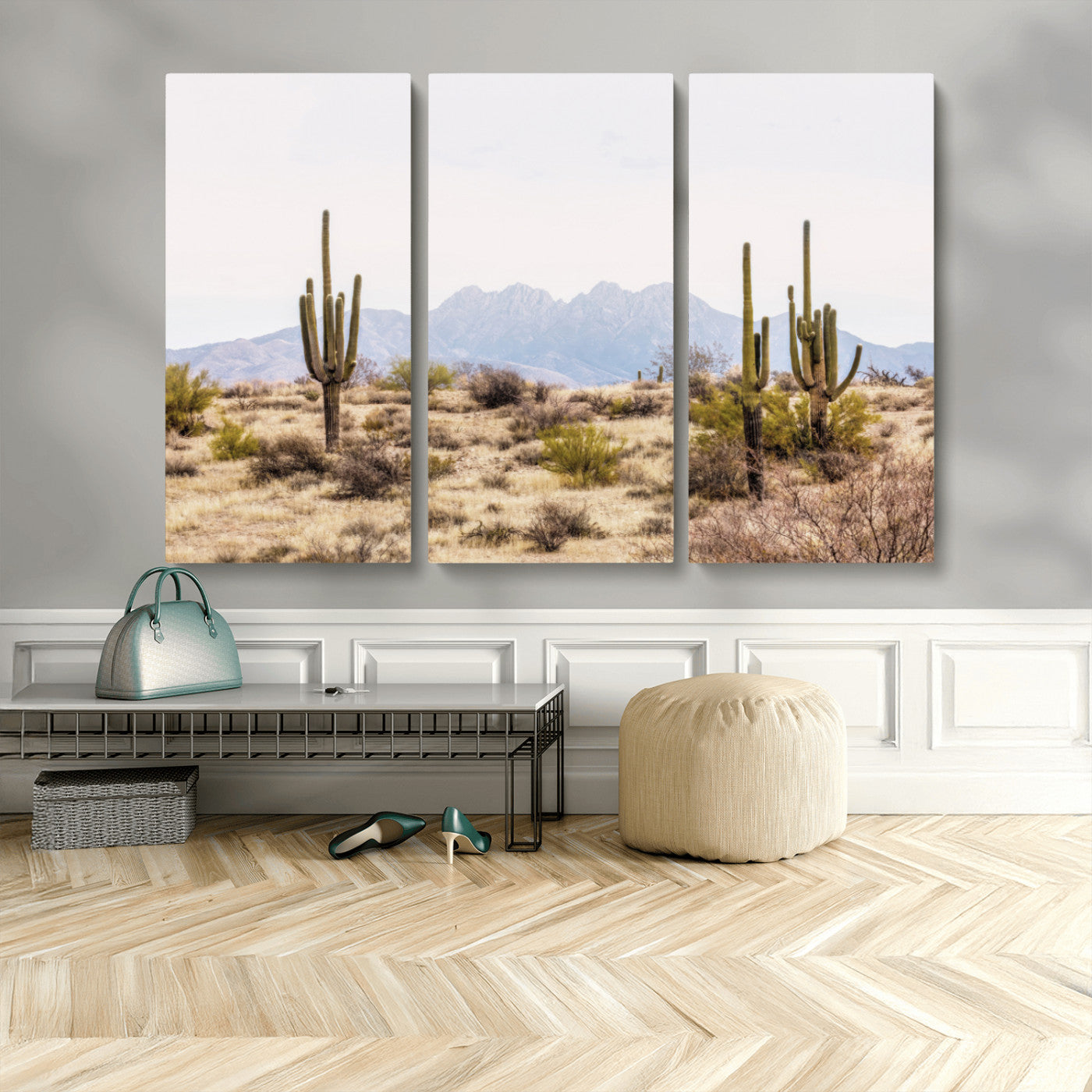 -Desert Cactus Canvas Wall Art – Serene Southwestern Arizona Landscape with Majestic Mountains -