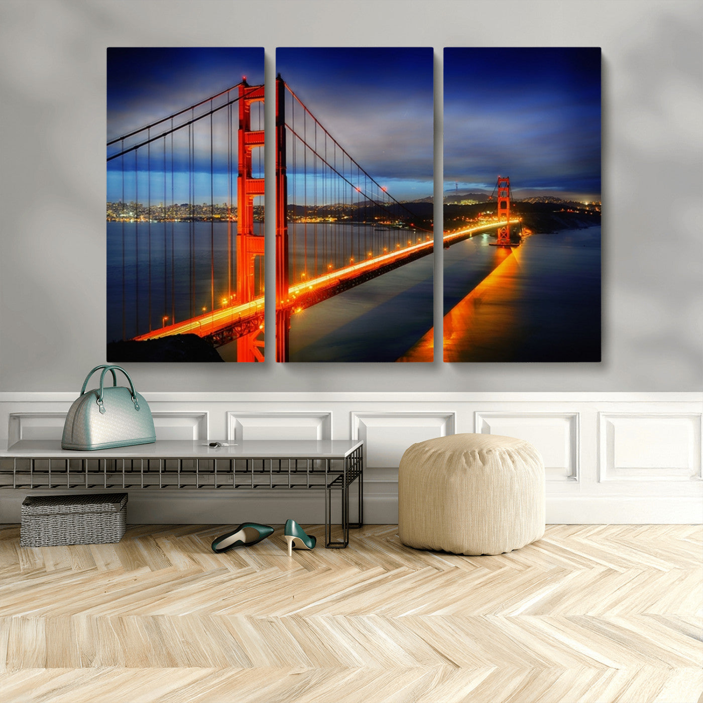 MGV-CV-48X32-3P - Large Wall Art San Francisco Canvas Print - Wonderful Golden Gate Bridge at Twilight