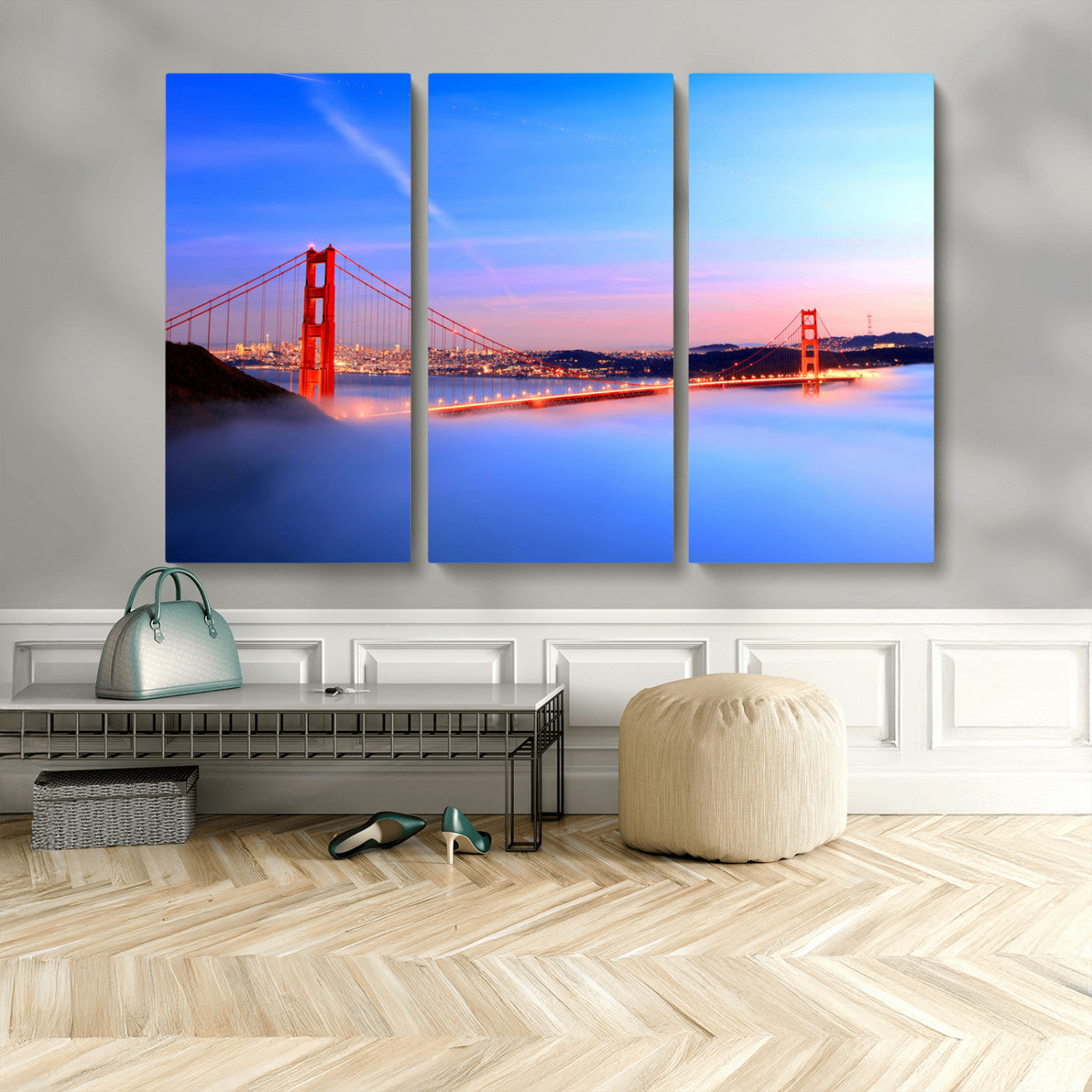 MGV-CV-48X32-3P - Golden Gate Bridge Wall Art Print, San Francisco Sunset Canvas Wall Art, Cityscape Canvas Print for