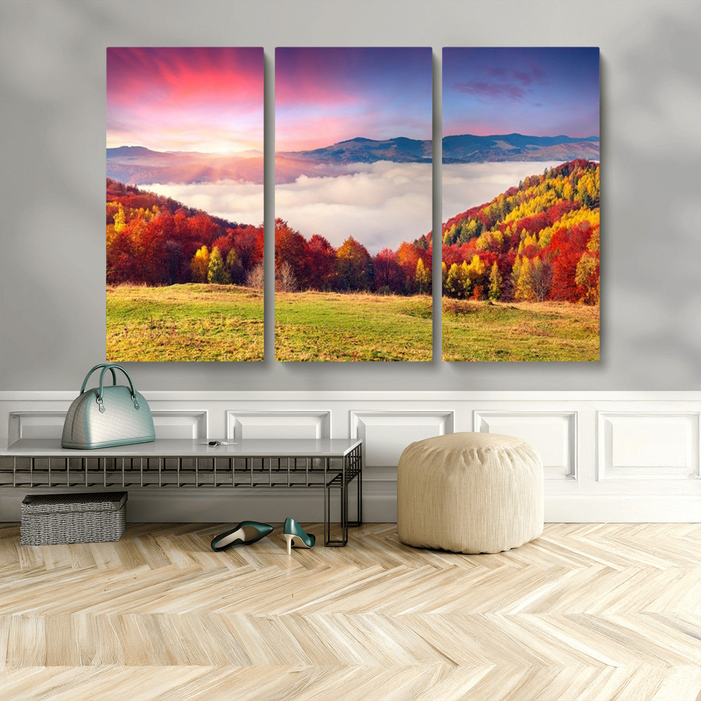 MGV-CV-48X32-3P - Autumn Mountain Foggy Landscape Wall Art Canvas Print | Beautiful Forest Canvas Print | Misty