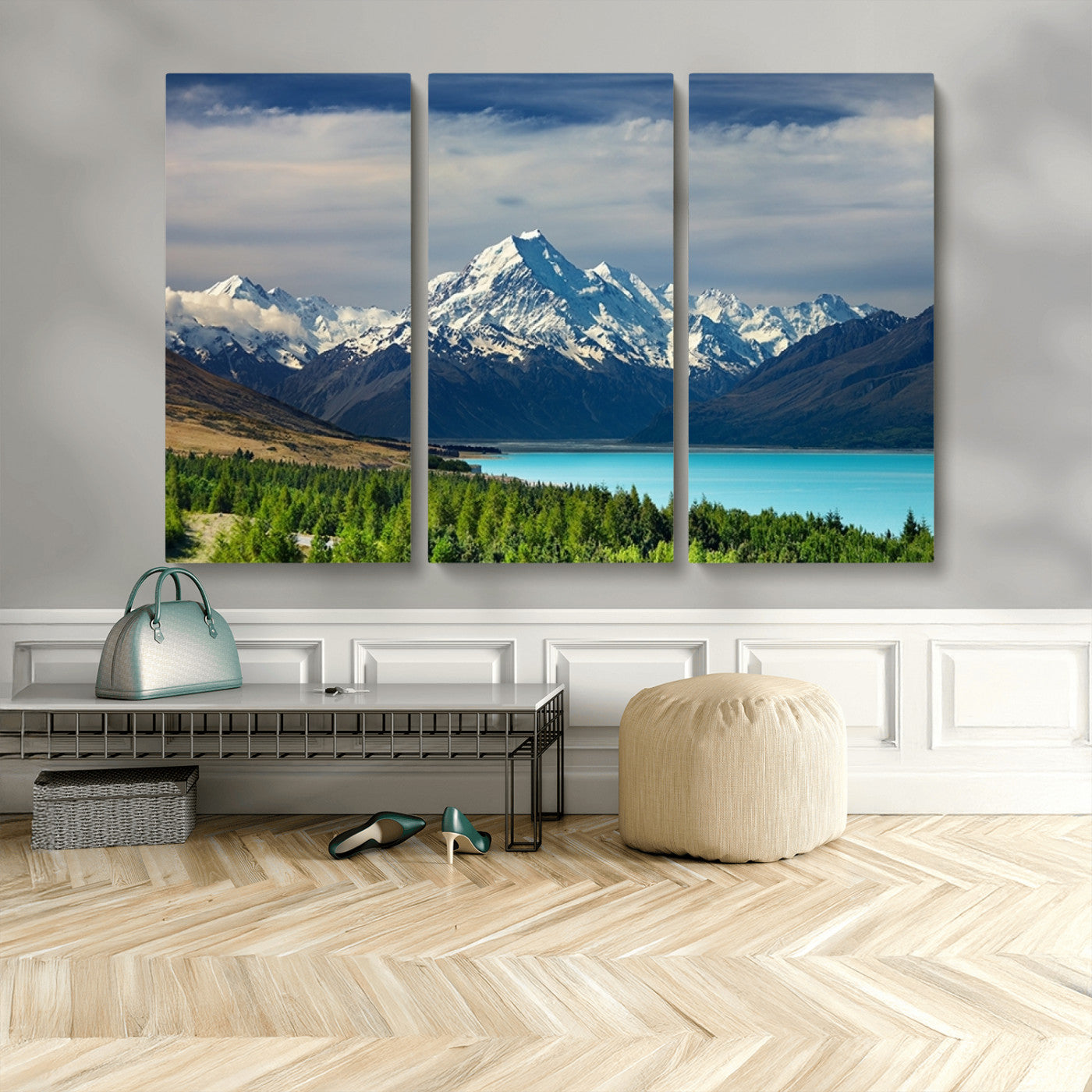 MGV-CV-48X32-3P - Mount Cook and Lake Pukaki Canvas Wall Art Print – Majestic Snow-Capped Peaks and Serene Lake Wall