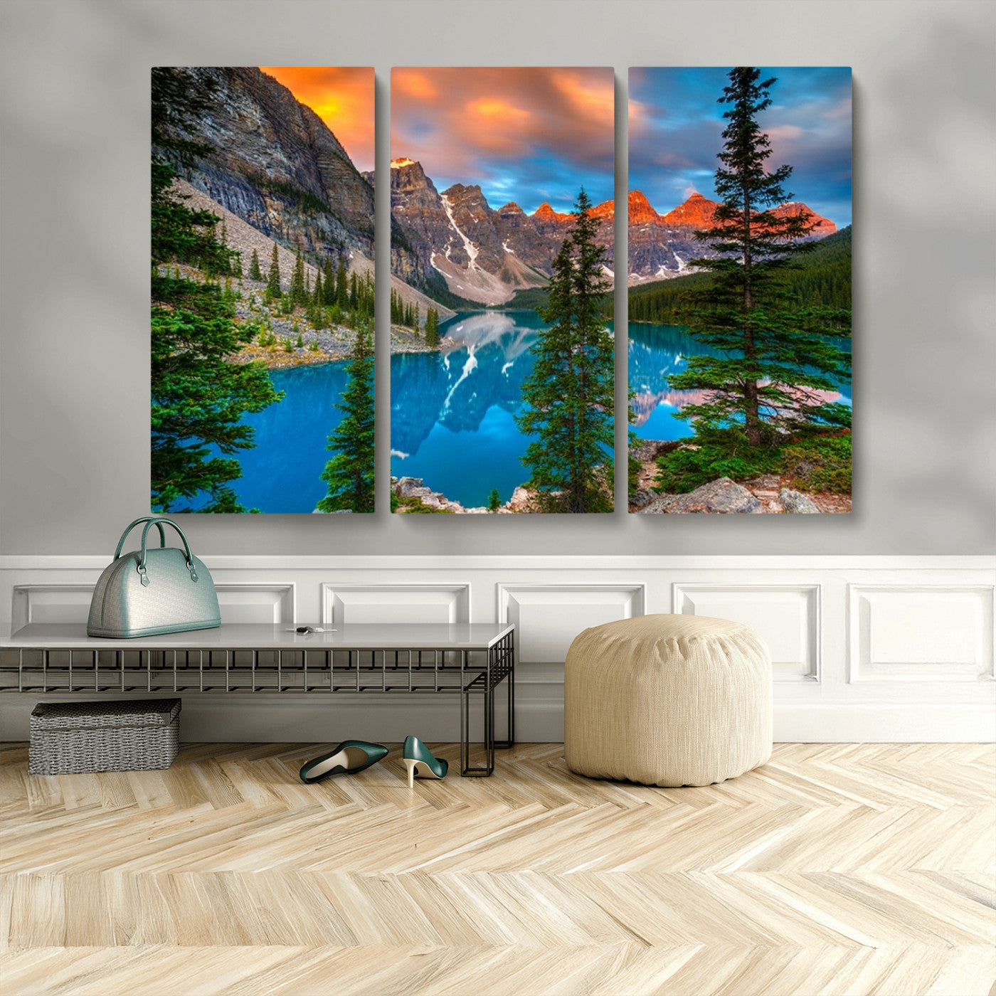 MGV-CV-48X32-3P - Canadian Rockies Moraine Lake Wall Art Canvas Print, Pine Trees Mountain Spring Canvas Print