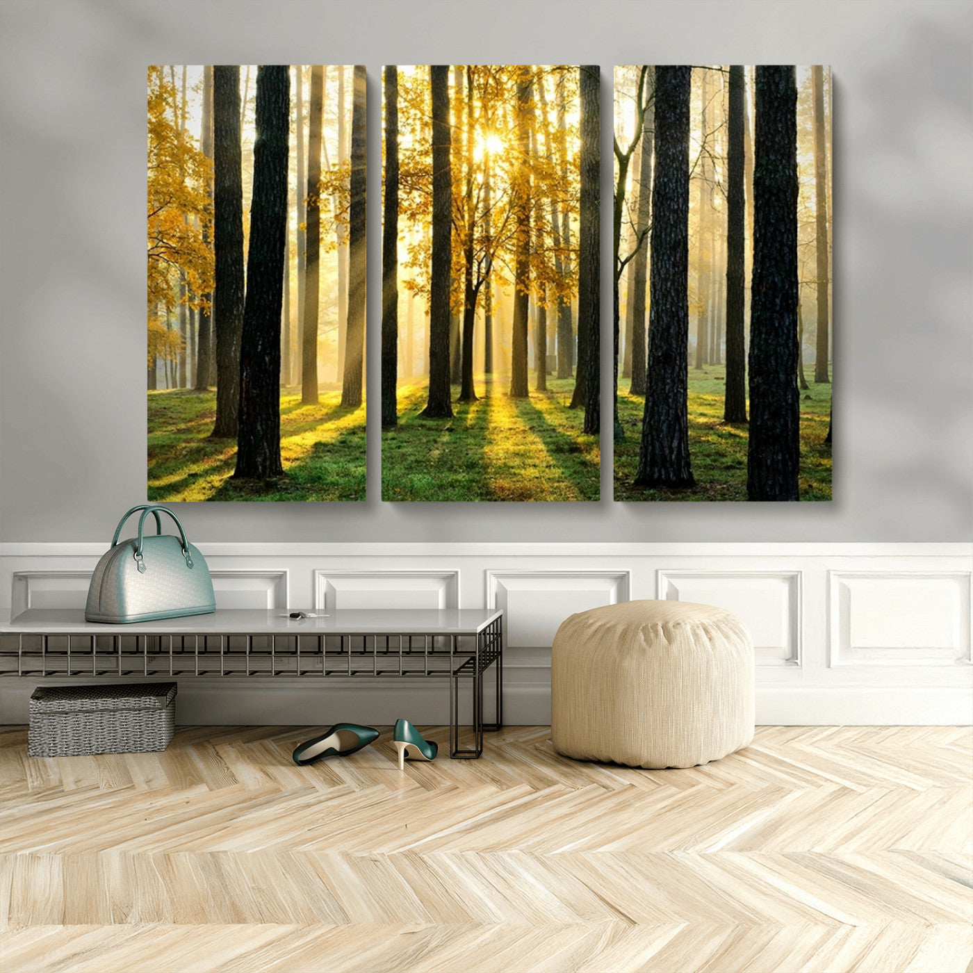 MGV-CV-48X32-3P - Sunlit Forest Wall Art Canvas Print - Large Framed Woodland Wall Art for Home or Office Decor,
