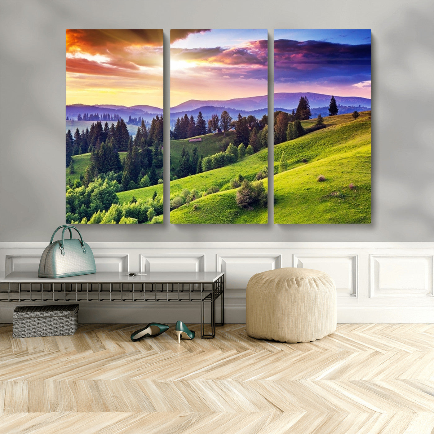 MGV-CV-48X32-3P - Green Hills and Sunset Wall Art Print - Scenic Landscape with Lush Greenery and Vibrant Sky, Ready