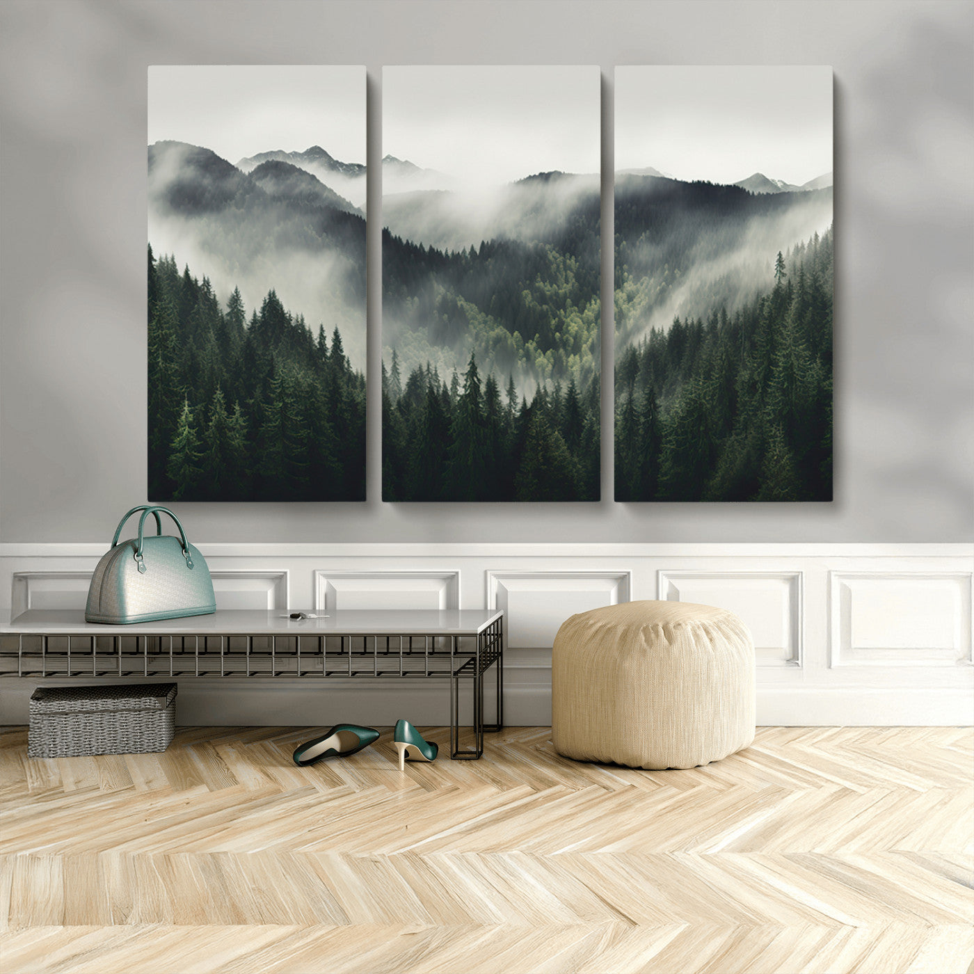 MGV-CV-48X32-3P - Misty Forest Canvas Print Wall Art Premium Canvas Print a Foggy and Serene Atmosphere