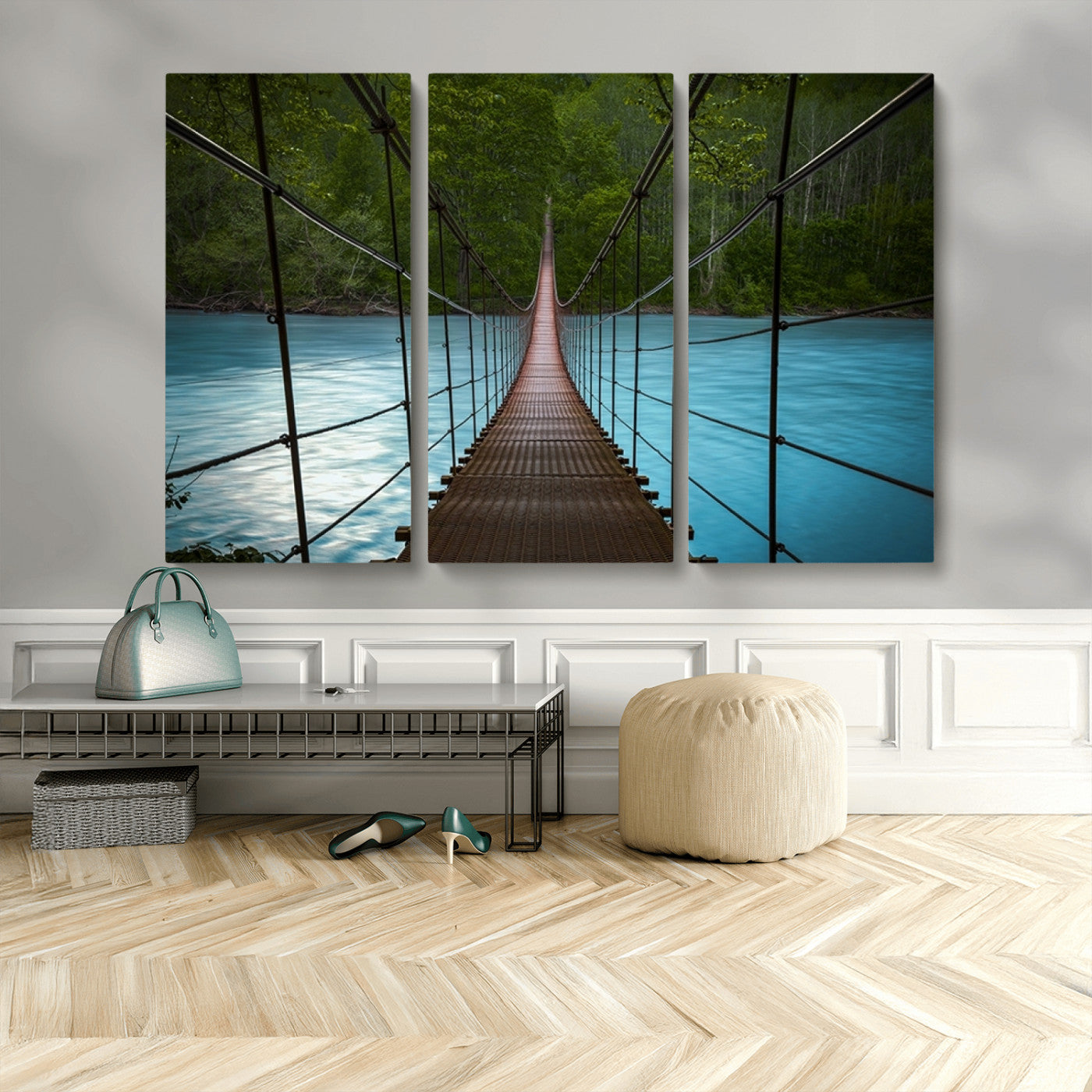 MGV-CV-48X32-3P - Suspension Bridge Over River Canvas Art | 3-Panel Nature Photography | Scenic Wall Art for Living