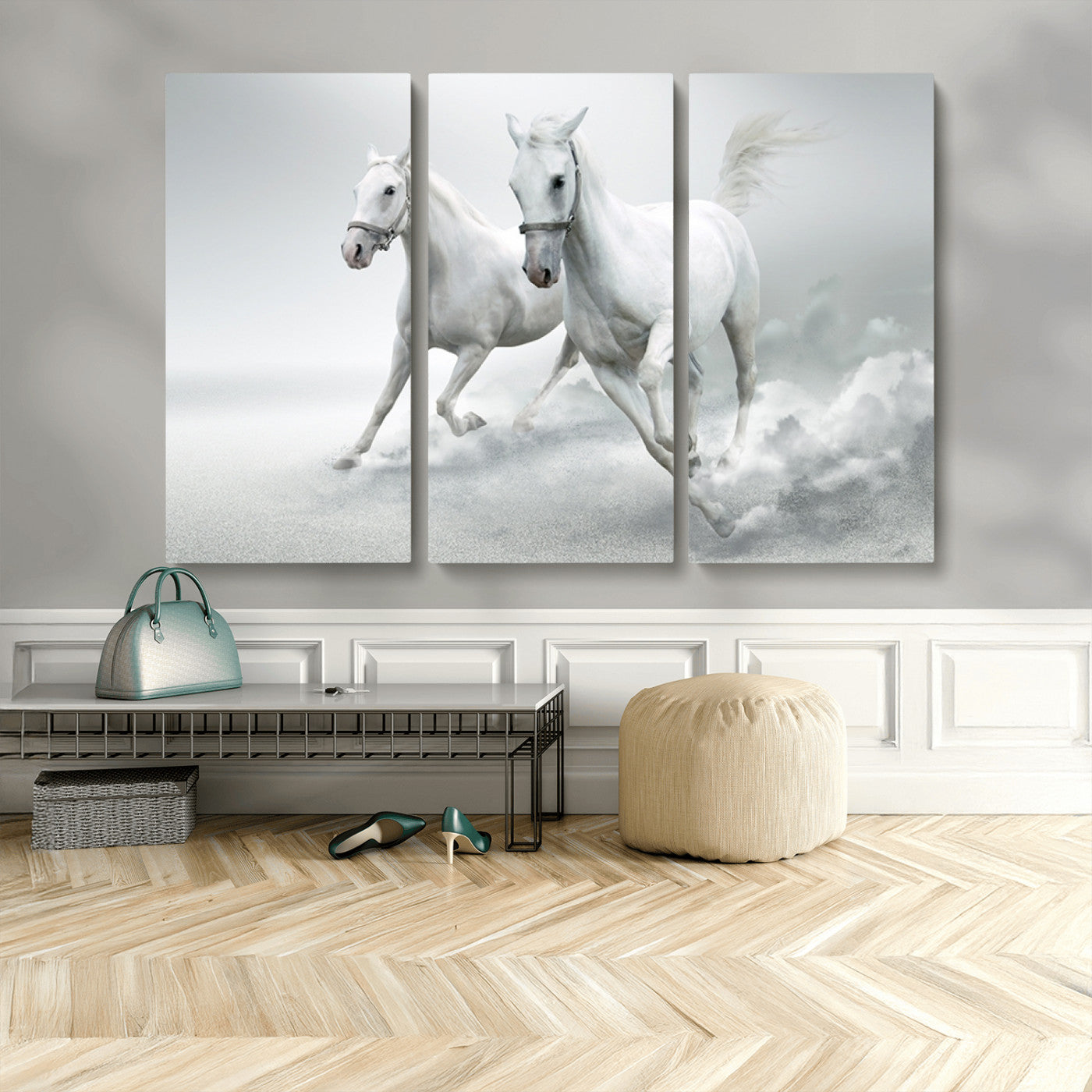 MGV-CV-48X32-3P - Large Wall Art Animal Canvas Print - Beautiful Running White Horses